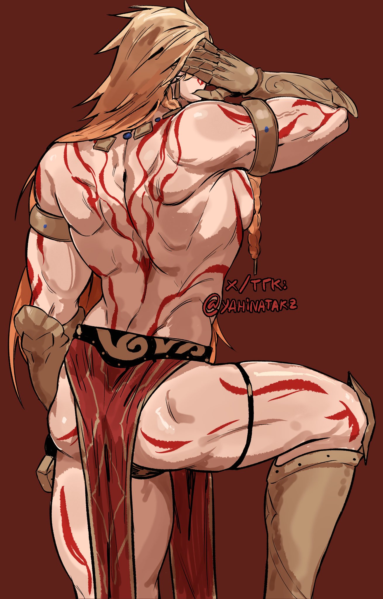 yahinatakz, mydei (honkai: star rail), honkai: star rail, honkai (series), highres, 1boy, back, back focus, blonde hair, brown background, long hair, male focus, muscular, red tattoo, tattoo