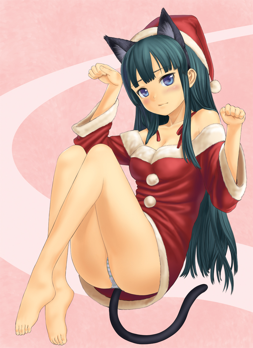lasterk, akiyama mio, k-on!, 00s, 1girl, animal ears, barefoot, blue eyes, blush, cat ears, cat tail, christmas, feet, female focus, green hair, long hair, panties, pantyshot, paw pose, plantar flexion, santa costume, sitting, solo, striped clothes, striped panties, tail, underwear