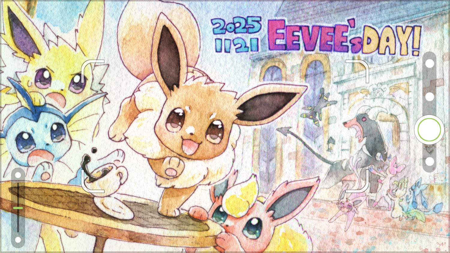 wataame (tulip), eevee, espeon, flareon, glaceon, houndoom, jolteon, leafeon, sylveon, umbreon, vaporeon, nintendo, pokemon, commentary request, :d, blue eyes, brown eyes, brown fur, coffee, crying, crying with eyes open, dated, fake phone screenshot, fake screenshot, gen 1 pokemon, gen 2 pokemon, gen 4 pokemon, gen 6 pokemon, large tail, looking at viewer, no humans, on table, open mouth, outdoors, pokemon (creature), pokemon focus, purple eyes, red fur, smile, spill, standing, standing on one leg, sweatdrop, table, tail, tears, viewfinder, yellow fur