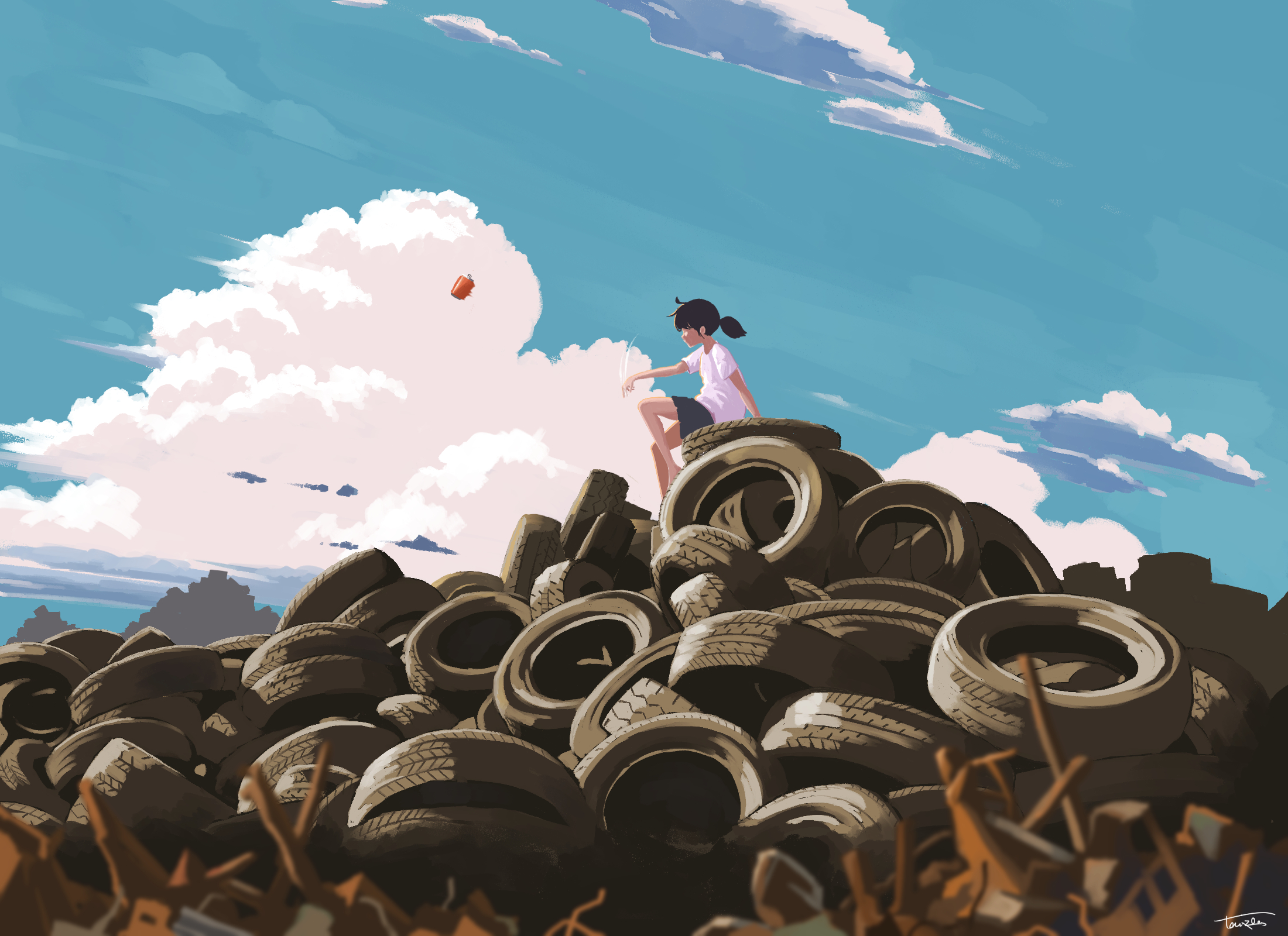taizo (taizo 03), original, highres, 1girl, black hair, black shorts, can, cloud, cloudy sky, day, faceless, faceless female, from side, junkyard, outdoors, pile, ponytail, scenery, shirt, short hair, shorts, sitting, sky, solo, throwing, unused tire, white shirt, wide shot