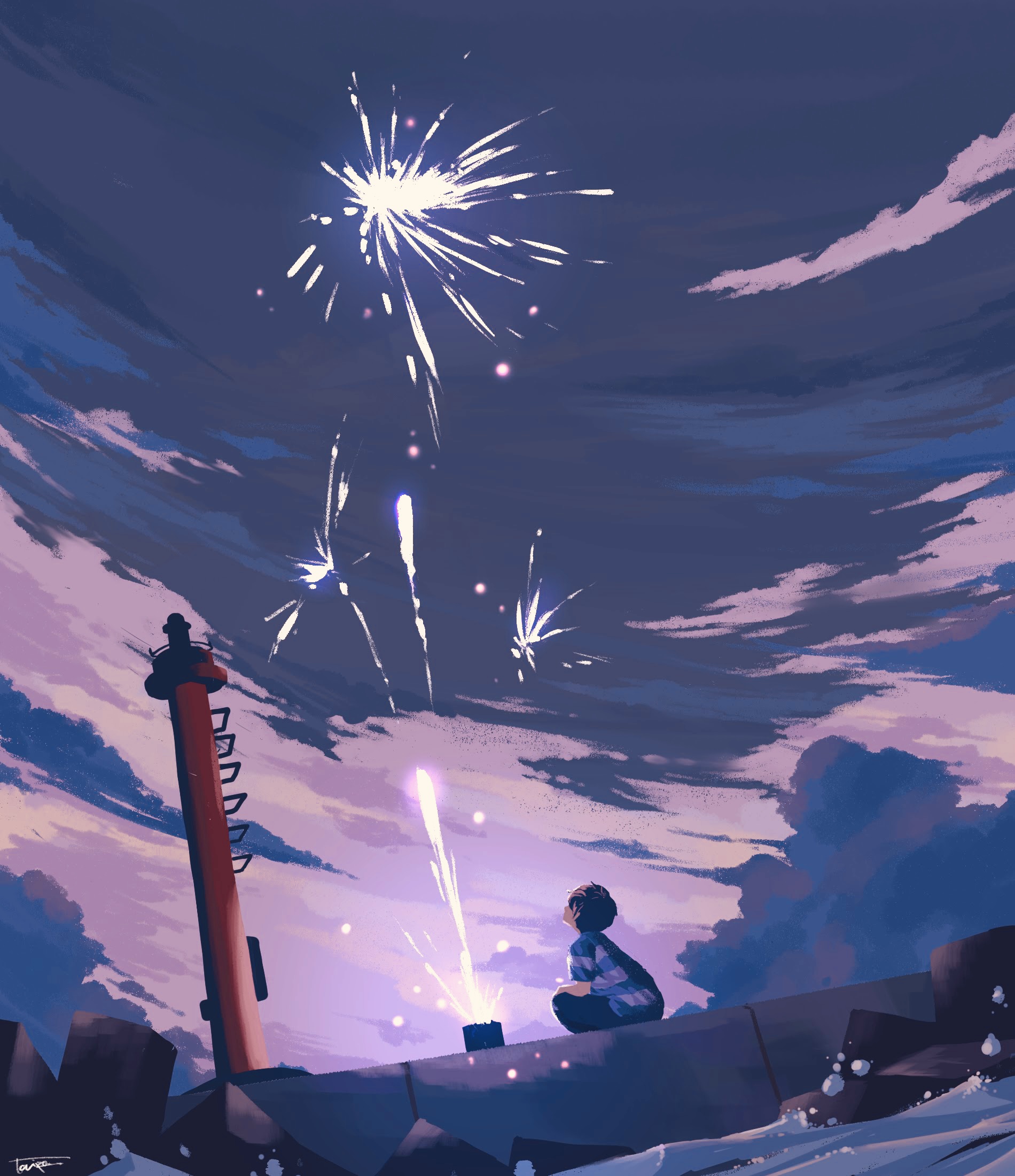 taizo (taizo 03), original, highres, 1boy, aerial fireworks, black hair, black pants, bloom, blue shirt, cloud, cloudy sky, faceless, faceless male, fireworks, from below, lighthouse, looking up, outdoors, pants, scenery, shirt, short hair, sky, solo, squatting, twilight, water