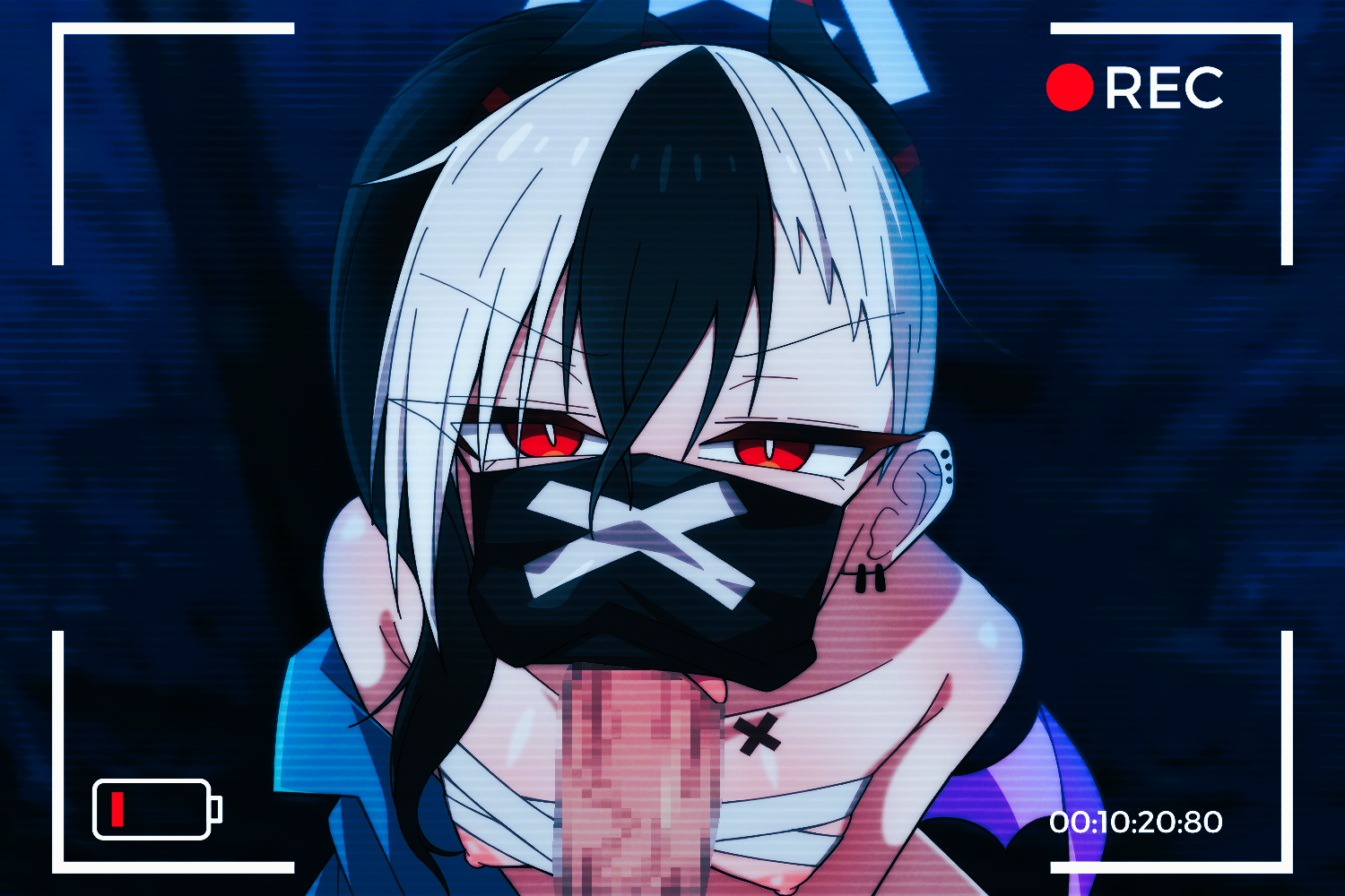 manli, kayoko (blue archive), blue archive, 1boy, 1girl, battery indicator, black hair, black horns, breasts, bright pupils, censored, erection, fellatio, fellatio under mask, hair between eyes, halo, hetero, horns, looking at viewer, mask, mosaic censoring, mouth mask, multicolored hair, nipples, oral, penis, purple wings, recording, red eyes, single wing, small breasts, solo focus, tongue, tongue out, two-tone hair, white hair, white halo, white pupils, wings