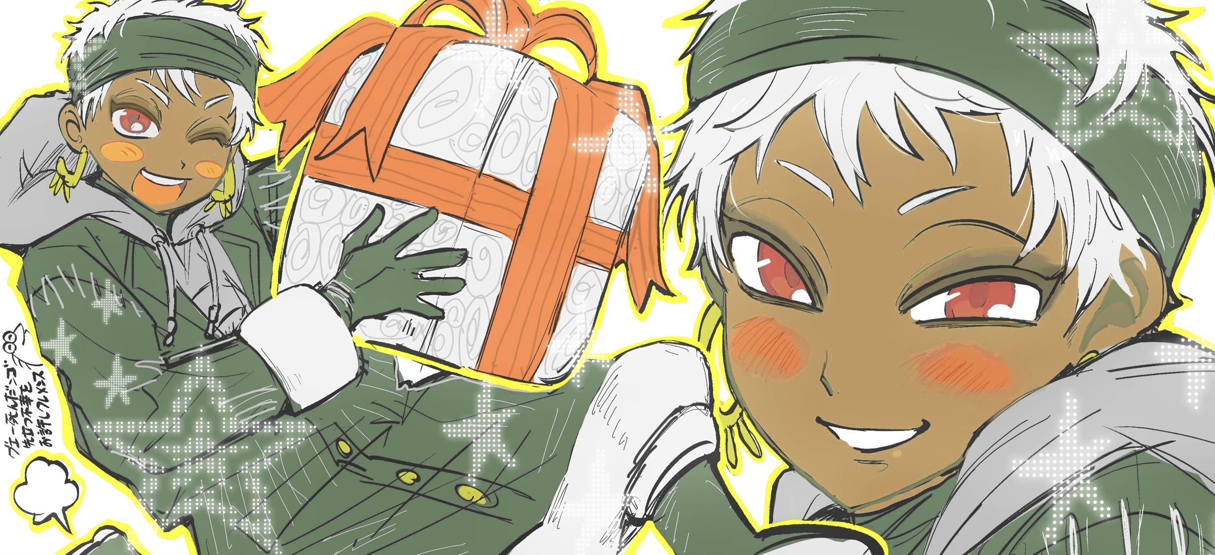 kiri taberenai, kalim al-asim, twisted wonderland, highres, 1boy, ;d, black boots, black coat, black gloves, black headband, black shirt, blush, blush stickers, boots, brown eyeshadow, choppy bangs, coat, colored eyelashes, dark-skinned male, dark skin, earrings, feet out of frame, fur-trimmed coat, fur trim, gift, gloves, gold earrings, grey hoodie, grin, headband, holding, holding gift, hood, hood down, hoodie, jewelry, kalim al-asim (nightmare courier), legs apart, long sleeves, looking at viewer, lost in the book with tim burton's the nightmare before christmas, male focus, multiple views, narrowed eyes, official alternate costume, one eye closed, open mouth, outline, pants, pants tucked in, patchwork clothes, portrait, puff of air, red eyes, shirt, short eyebrows, short hair, simple background, smile, star (symbol), turtleneck, v-shaped eyebrows, very short hair, white background, white hair, white pants, yellow outline