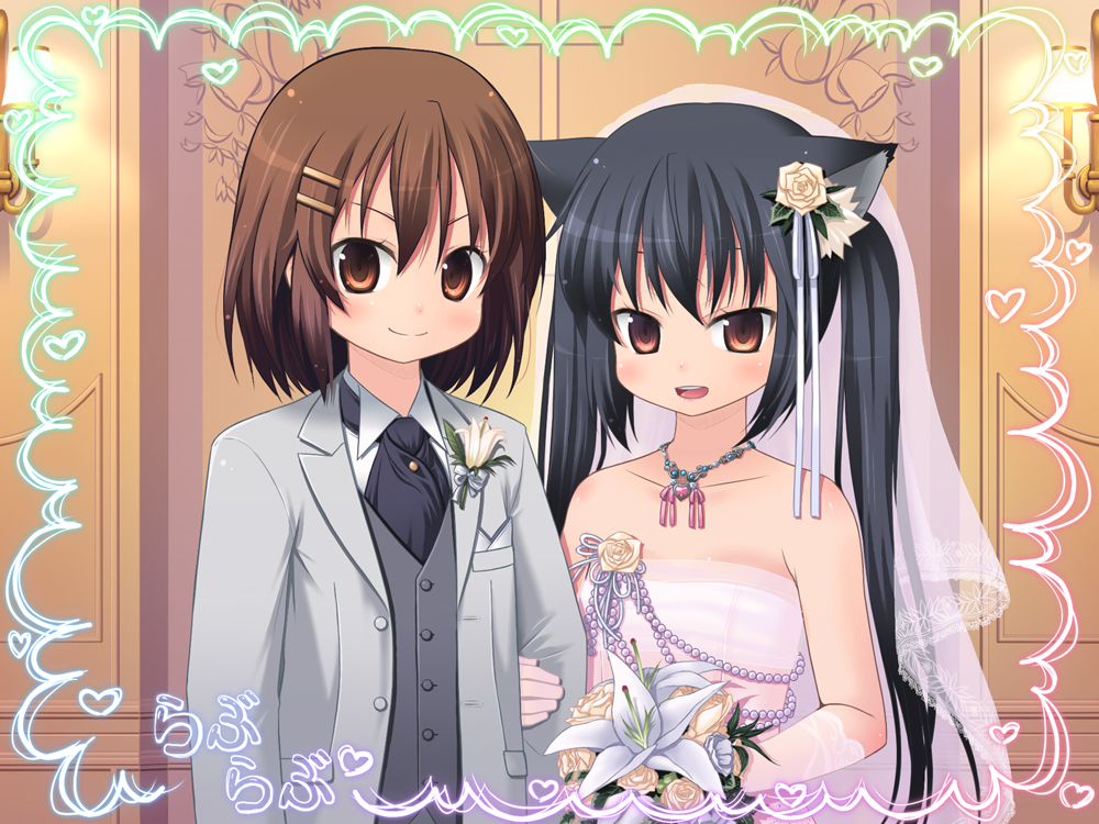 amamiya minato, hirasawa yui, nakano azusa, k-on!, 00s, 2girls, animal ears, bare shoulders, black hair, bride, brown eyes, brown hair, cat ears, dress, flower, formal clothes, good end, hair flower, hair ornament, hairclip, jewelry, long hair, multiple girls, necklace, pant suit, pants, short hair, strapless, strapless dress, suit, wedding, wedding dress, wife and wife, yuri