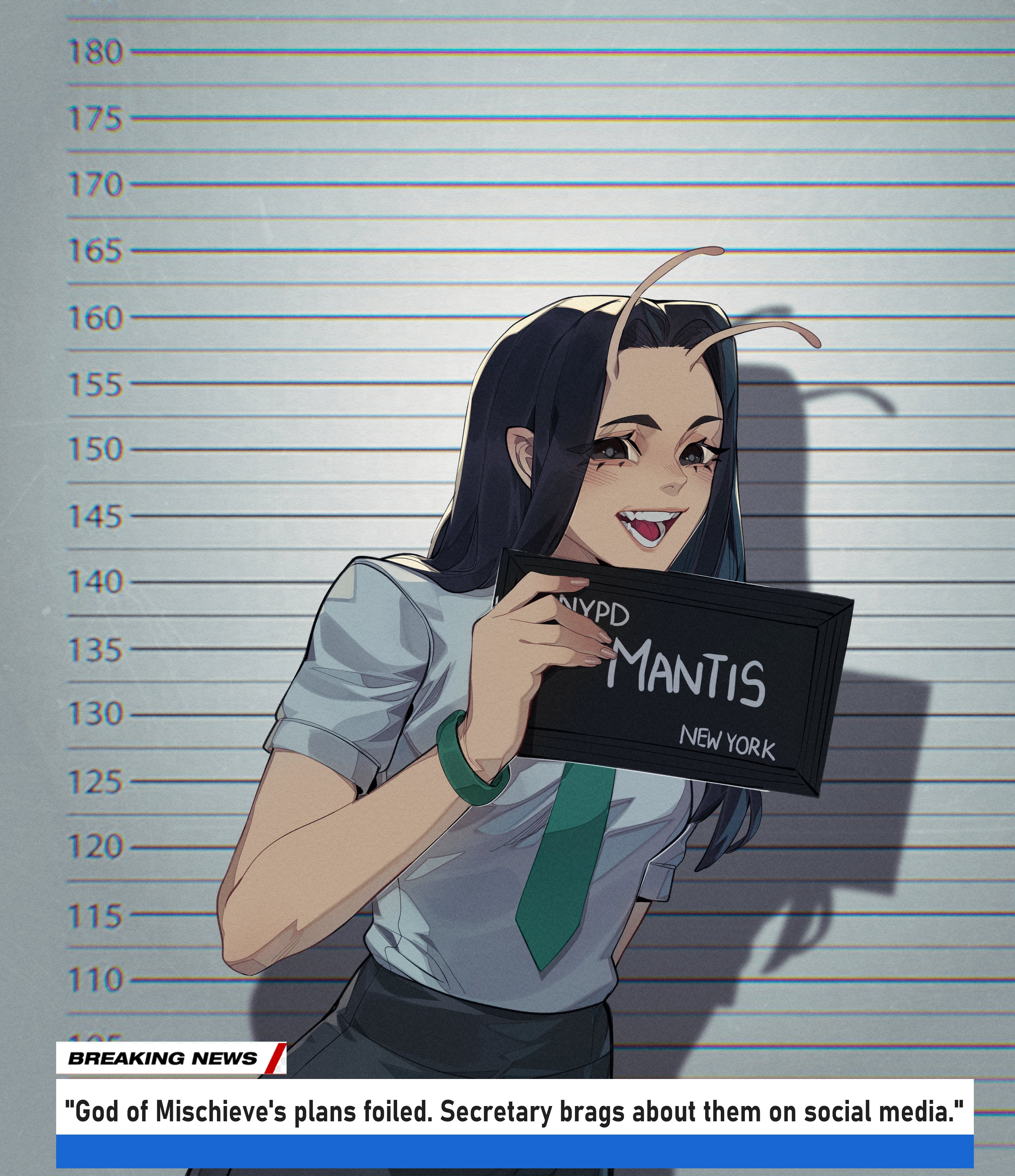 icklaa, mantis (marvel), guardians of the galaxy, marvel, marvel rivals, absurdres, commentary, commission, english commentary, highres, 1girl, :d, alien, alternate costume, antennae, aqua necktie, barbie mugshot (meme), black eyes, black hair, black skirt, bracelet, character name, english text, jewelry, long hair, looking at viewer, meme, necktie, open mouth, parted hair, shirt, shirt tucked in, skirt, smile, solo, upper body, white shirt