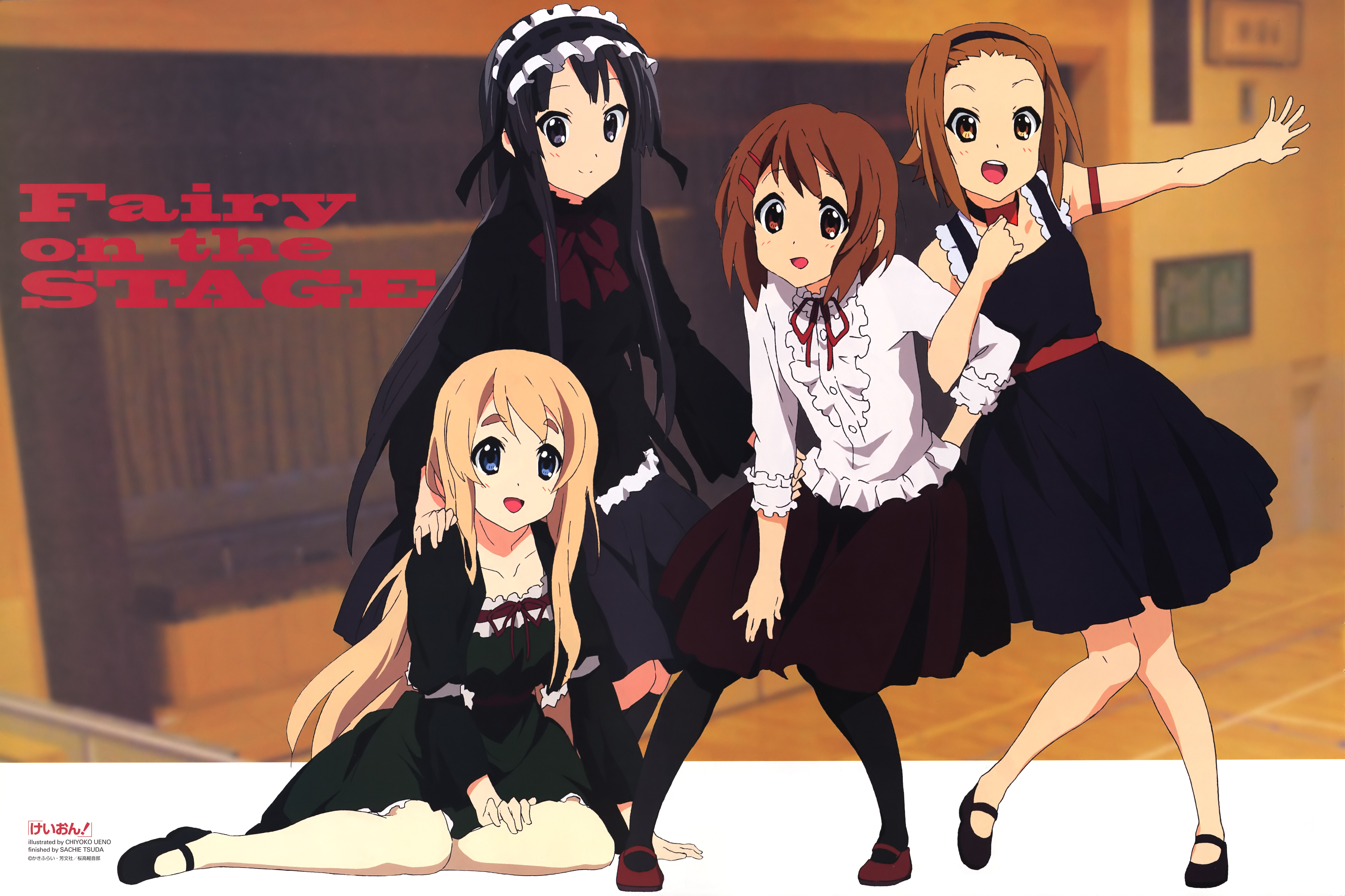 ueno chiyoko, akiyama mio, hirasawa yui, kotobuki tsumugi, tainaka ritsu, fuwafuwa time, k-on!, newtype, absurdres, highres, official art, scan, 00s, 4girls, frills, ho-kago tea time, maid headdress, multiple girls, pantyhose