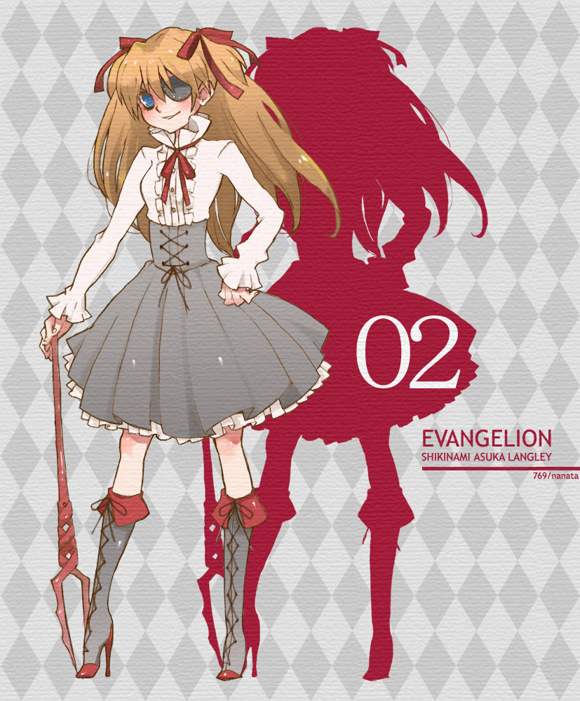souryuu asuka langley, evangelion: 2.0 you can (not) advance, neon genesis evangelion, rebuild of evangelion, 00s, 1girl, argyle background, argyle clothes, bident, blue eyes, character name, eyepatch, female focus, full body, gothic lolita, lance, lance of longinus (evangelion), lolita fashion, long hair, polearm, solo, weapon