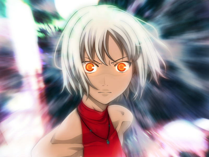 nazo kichi, canaan (character), 428, 428: fuusa sareta shibuya de, canaan (series), chunsoft, silver hair, 1girl, androgynous, bare shoulders, female focus, glowing, glowing eyes, jewelry, necklace, short hair, sleeveless, sleeveless turtleneck, solo, turtleneck, yellow eyes
