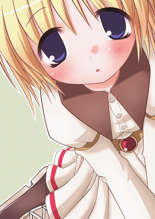 wazawogi (wzog), original, third-party source, 1girl, 2000s (style), :o, belt, blonde hair, blue eyes, blush, breasts, brown belt, brown sailor collar, cowboy shot, dress, from above, juliet sleeves, long sleeves, looking at viewer, parted lips, puffy long sleeves, puffy sleeves, sailor collar, short dress, short hair, simple background, sitting, small breasts, solo, tareme, white dress