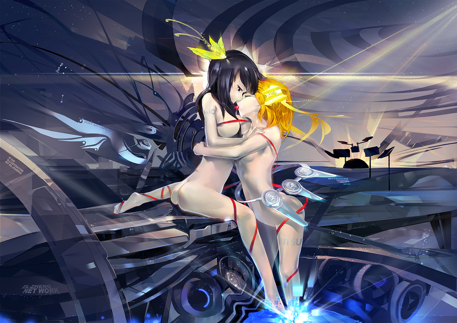 dan evan, akiyama mio, tainaka ritsu, k-on!, bad id, bad pixiv id, 00s, 2girls, ass, barefoot, black hair, body writing, breasts, brown hair, butt crack, cherry, closed eyes, drum, drum set, feet, food, fruit, hug, instrument, long hair, medium breasts, mouth hold, multiple girls, naked ribbon, nude, ribbon, science fiction, soles, yuri