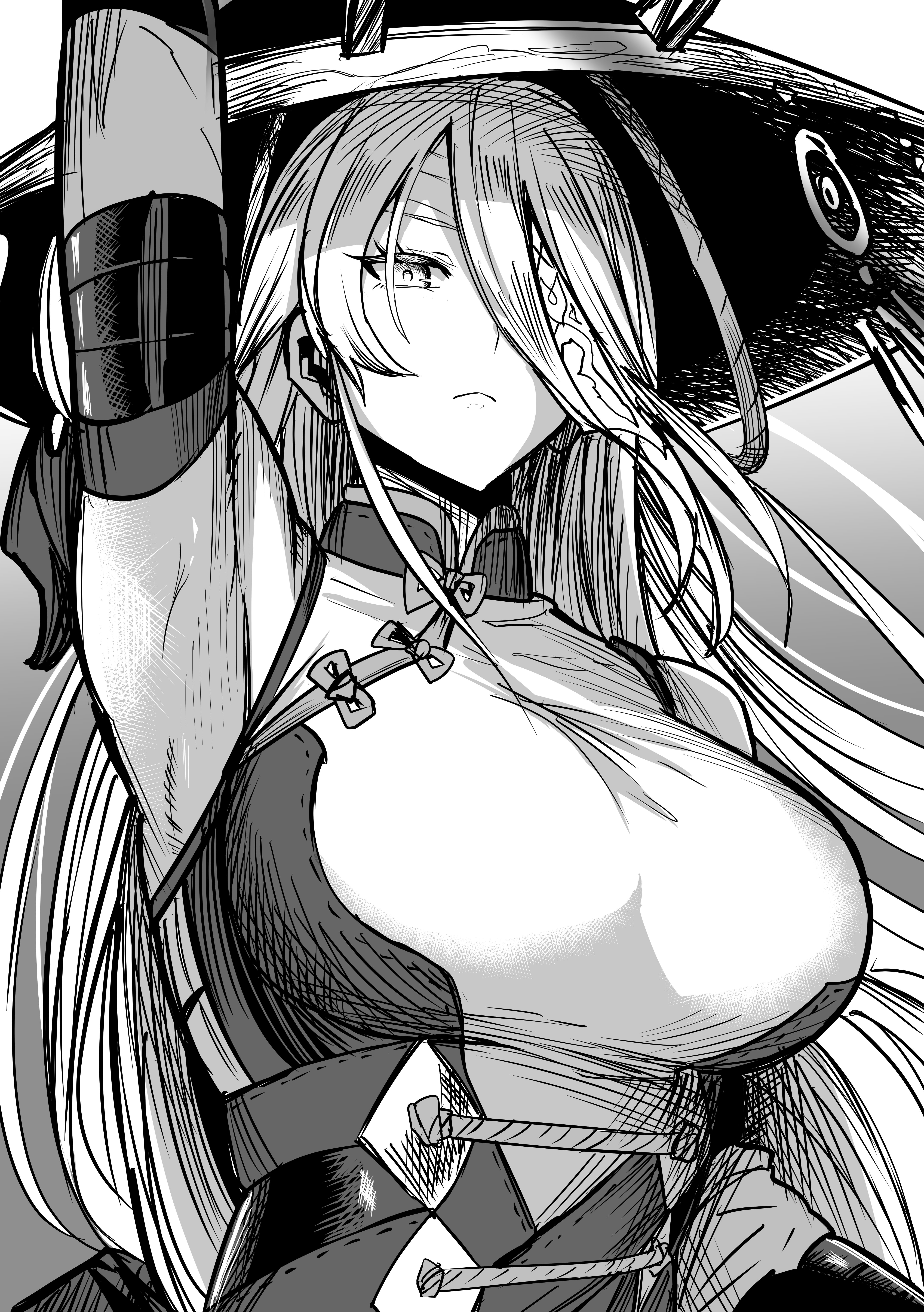 synchroman, fleurdelis (yu-gi-oh!), the iris swordsoul, yu-gi-oh!, absurdres, commentary request, highres, 1girl, arm up, armpits, breasts, closed mouth, duel monster, gradient background, grey background, greyscale, hair over one eye, hat, large breasts, long hair, monochrome, solo, witch hat