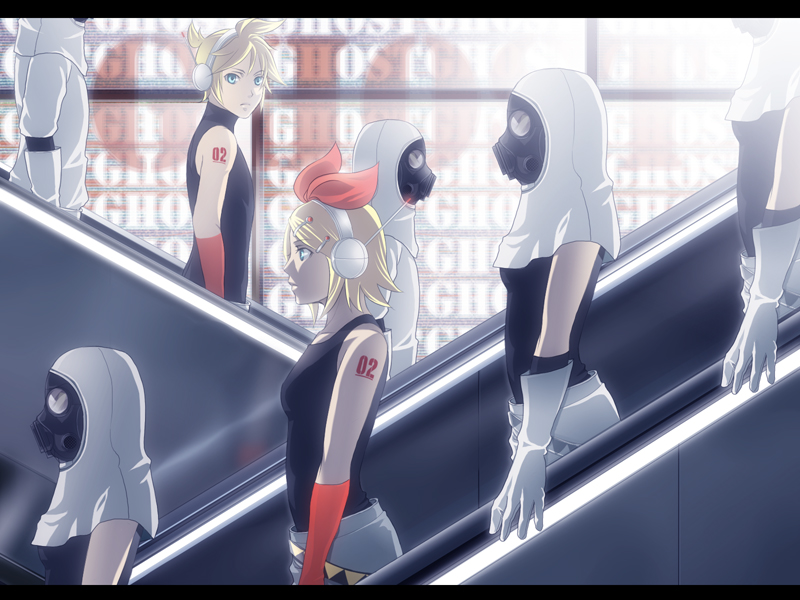 a=k, kagamine len, kagamine rin, vocaloid, bad id, bad pixiv id, 1boy, 1girl, blonde hair, blue eyes, brother and sister, escalator, gloves, hair ornament, hair ribbon, hairclip, headphones, letterboxed, mask, ribbon, short hair, siblings, twins