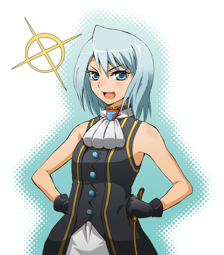 taguchi kenji (omaep), franziska von karma, ace attorney, ace attorney investigations, ace attorney investigations: miles edgeworth, capcom, silver hair, bad id, bad pixiv id, 1girl, aged down, ascot, blue eyes, female focus, gloves, open mouth, short hair, smile, solo, whip