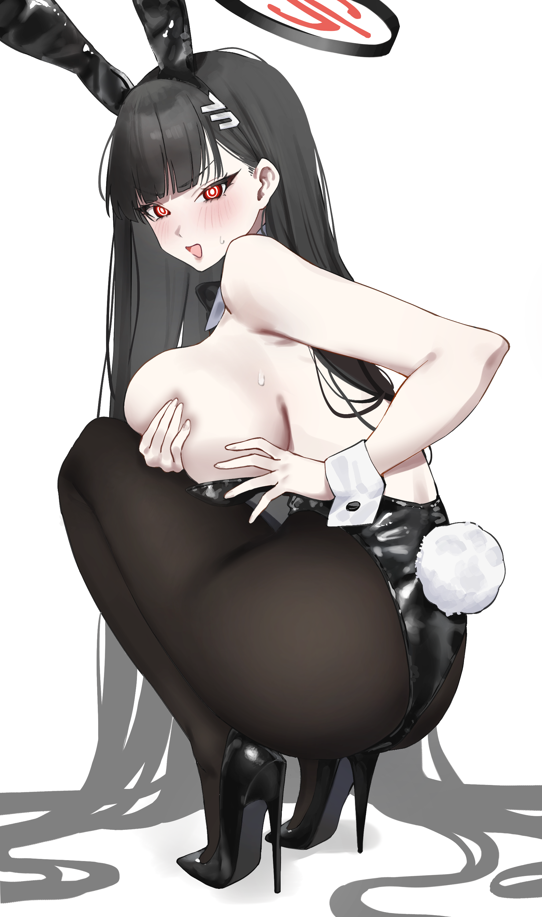 hanakonenne, rio (blue archive), blue archive, absurdres, commentary, highres, 1girl, absurdly long hair, animal ears, ass, bare shoulders, black hair, black halo, black leotard, black shoes, breasts, bright pupils, brown pantyhose, covering nipples, covering privates, fake animal ears, fake tail, halo, large breasts, leotard, long hair, looking at viewer, multicolored halo, open mouth, pantyhose, rabbit ears, rabbit tail, red eyes, red halo, shoes, sidelocks, simple background, solo, squatting, sweat, tail, two-tone halo, very long hair, white background, white pupils