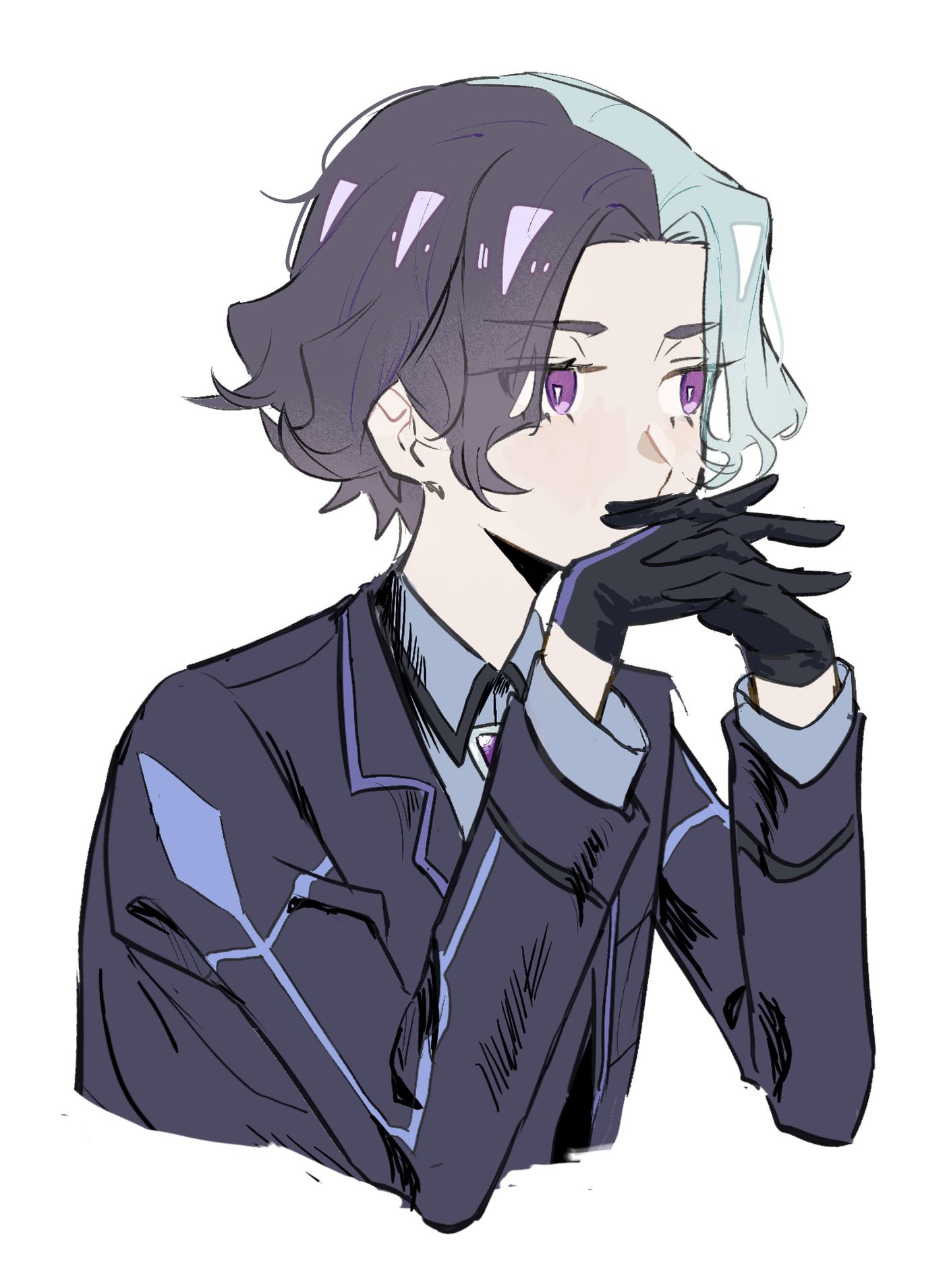 copituji, amethio (pokemon), nintendo, pokemon, pokemon (anime), pokemon horizons, highres, 1boy, black gloves, bright pupils, collared shirt, cropped torso, gloves, grey shirt, hands up, interlocked fingers, jacket, long sleeves, male focus, multicolored hair, purple eyes, shirt, simple background, solo, upper body, white background, white pupils