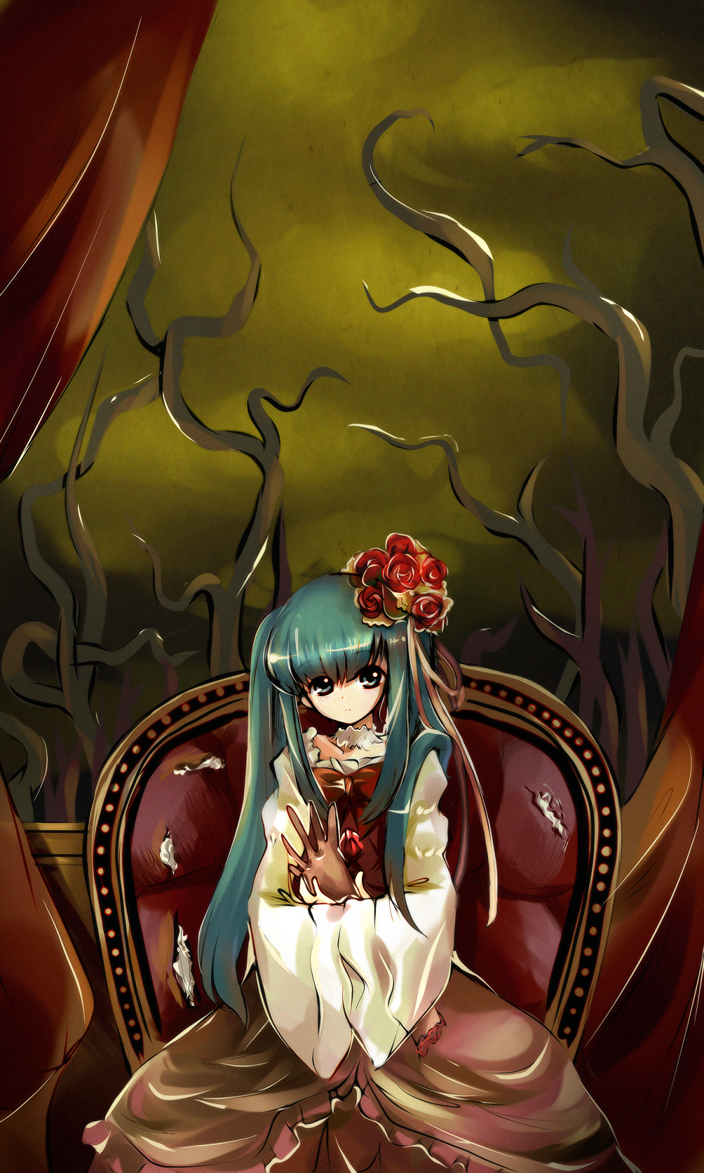 odek, furudo erika, end of the golden witch, umineko no naku koro ni, highres, 00s, aqua eyes, aqua hair, choker, dress, flower, solo