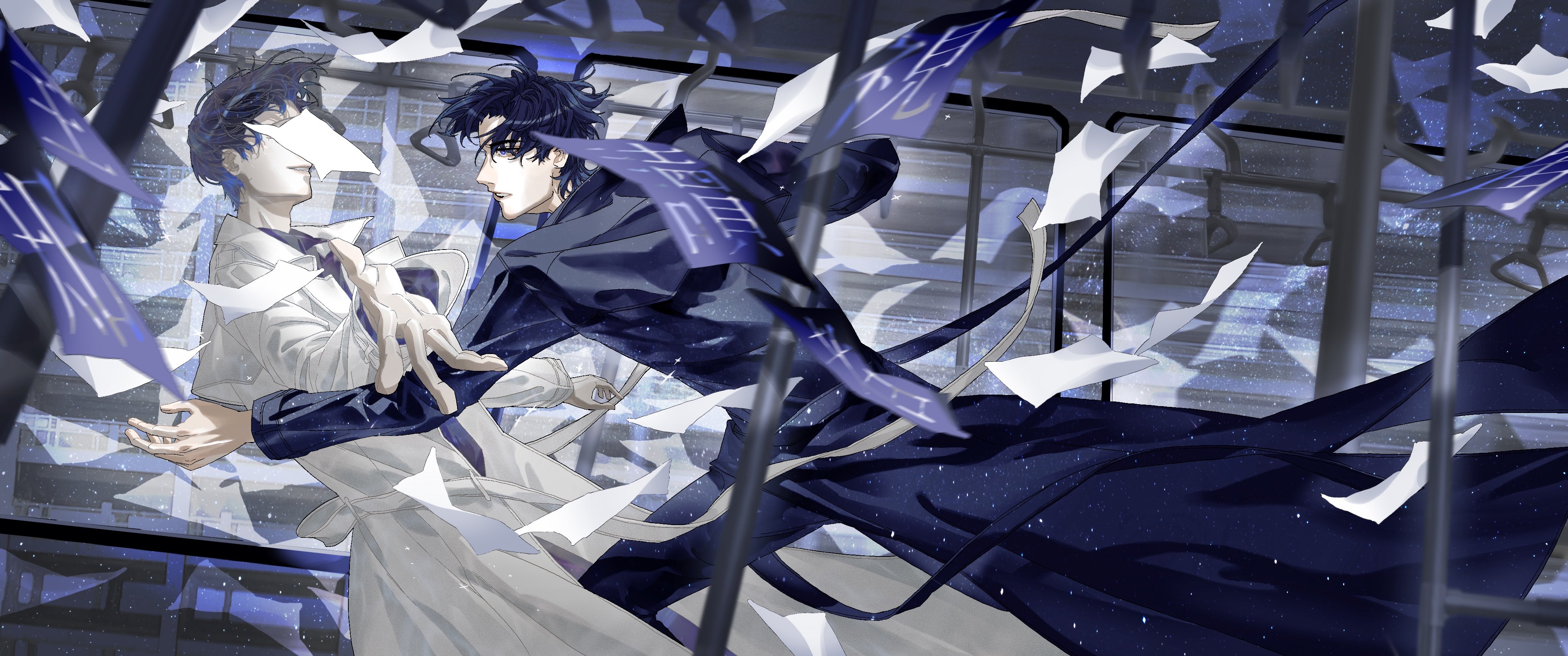 kim dokja, yoo joonghyuk, omniscient reader's viewpoint, absurdres, hashtag-only commentary, highres, translation request, 2boys, black coat, black eyes, black hair, black shirt, censored, censored identity, chinese text, coat, falling, falling paper, feet out of frame, grin, light particles, male focus, motion blur, multiple boys, open clothes, open coat, outstretched arms, reaching, reaching towards another, running, shirt, short hair, sky, smile, space, star (sky), starry sky, train interior, vivi102828, white coat, worried