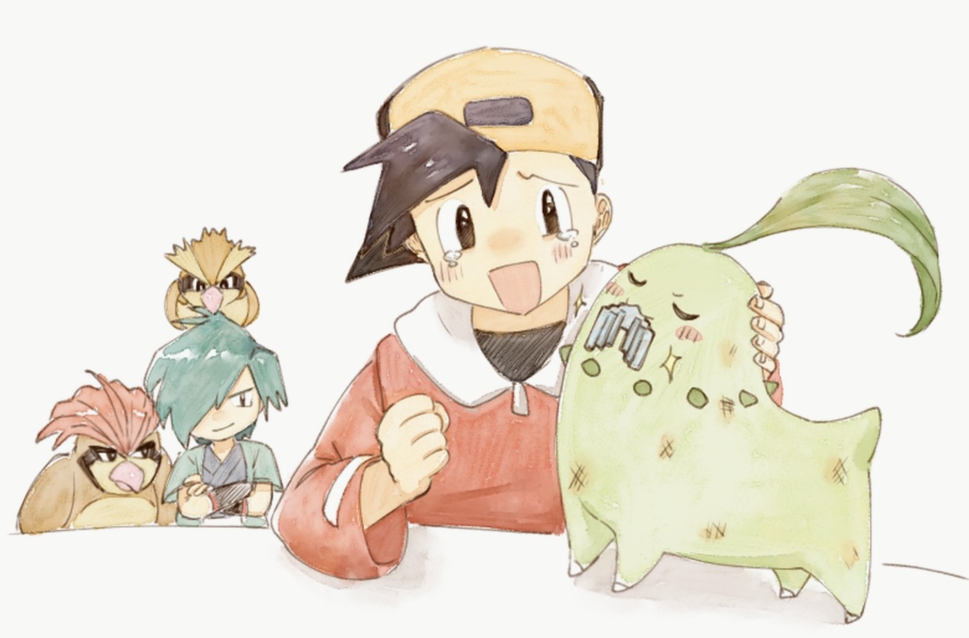 asuka rkgk, chikorita, ethan (pokemon), falkner (pokemon), pidgeotto, pidgey, nintendo, pokemon, pokemon gsc, 2boys, :d, backwards hat, black hair, blush, clenched hand, gen 1 pokemon, gen 2 pokemon, hat, jacket, male focus, mouth hold, multiple boys, open mouth, pokemon (creature), red jacket, shirt, short hair, smile, tearing up, zephyr badge