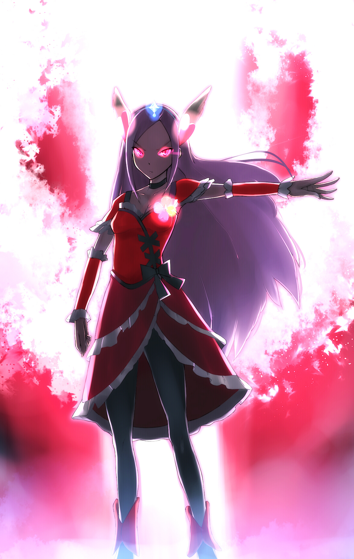 yuki usagi (mofurafu), cure passion, higashi setsuna, fresh precure!, precure, black neckwear, bad id, bad pixiv id, highres, spoilers, 00s, 1girl, bow, choker, detached sleeves, dress, female focus, glowing, glowing eyes, hair ornament, head wings, heart, heart hair ornament, long hair, magical girl, pink eyes, purple hair, solo, waist bow, wings