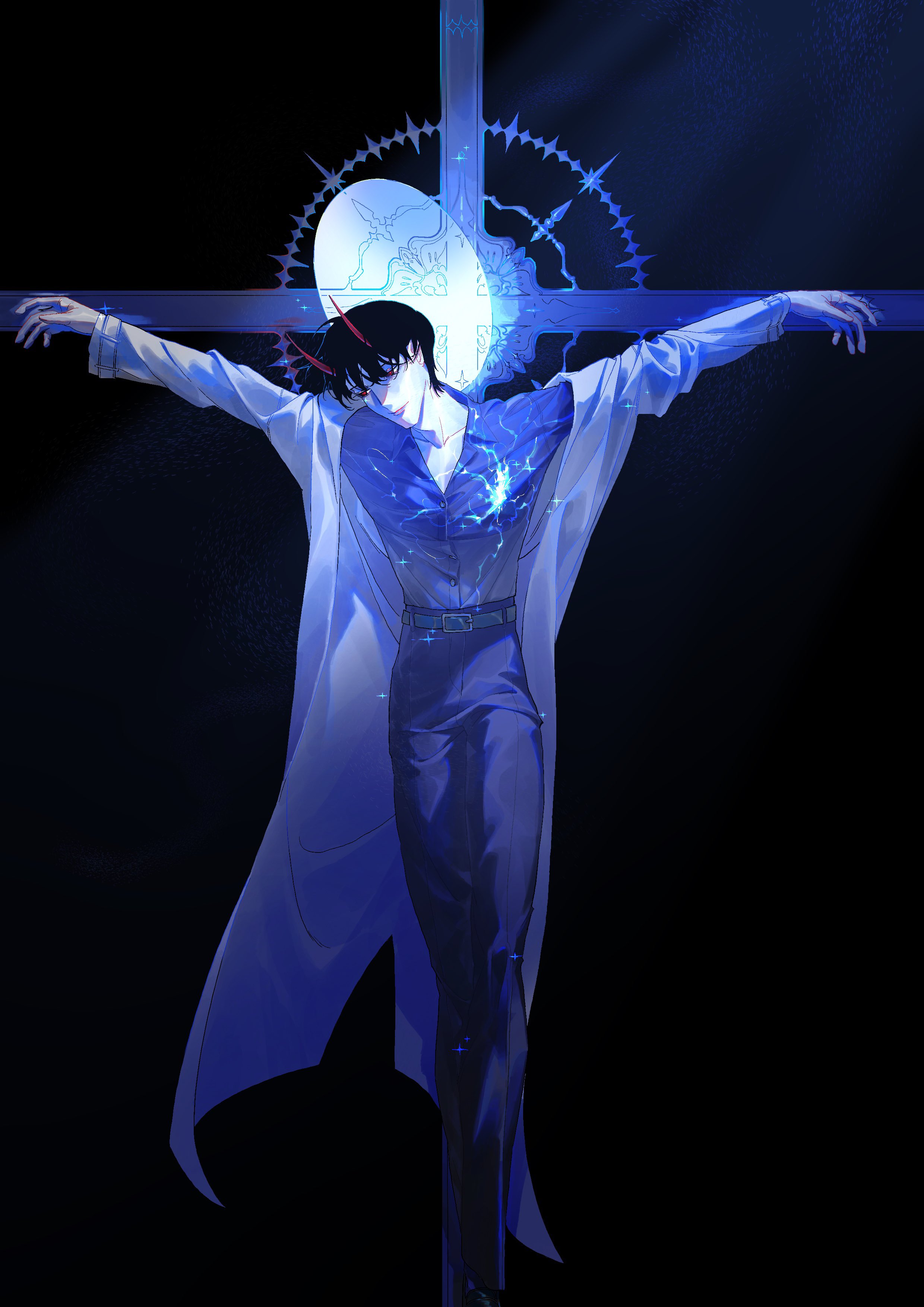 kim dokja, omniscient reader's viewpoint, absurdres, hashtag-only commentary, highres, 1boy, belt, black hair, black shirt, coat, collared shirt, cracked clothes, cross, crucifixion, demon horns, full body, halo, halo behind head, head tilt, horns, looking at viewer, male focus, official alternate costume, open clothes, open coat, outstretched arms, red eyes, shirt, shirt tucked in, short hair, smirk, solo, sparkle, spotlight, vivi102828, white coat