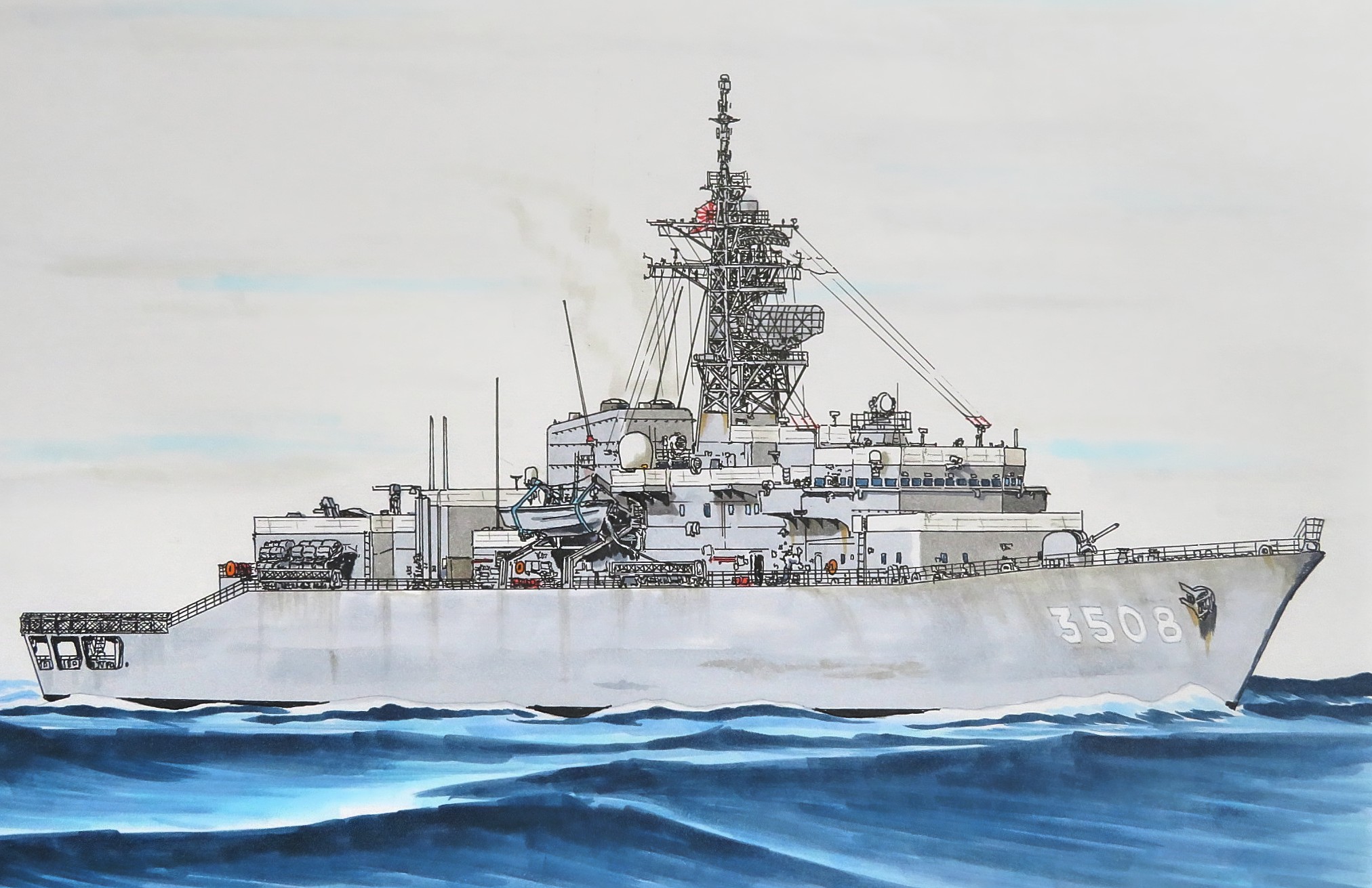 smile (jdsmyoko), japan maritime self-defense force, japan self-defense force, original, commentary request, highres, cloud, cloudy sky, jds kashima (tv-3508), mast, military, military vehicle, no humans, ocean, rising sun flag, sailing, ship, ship turret, sky, smokestack, sunburst, warship, watercraft, waves