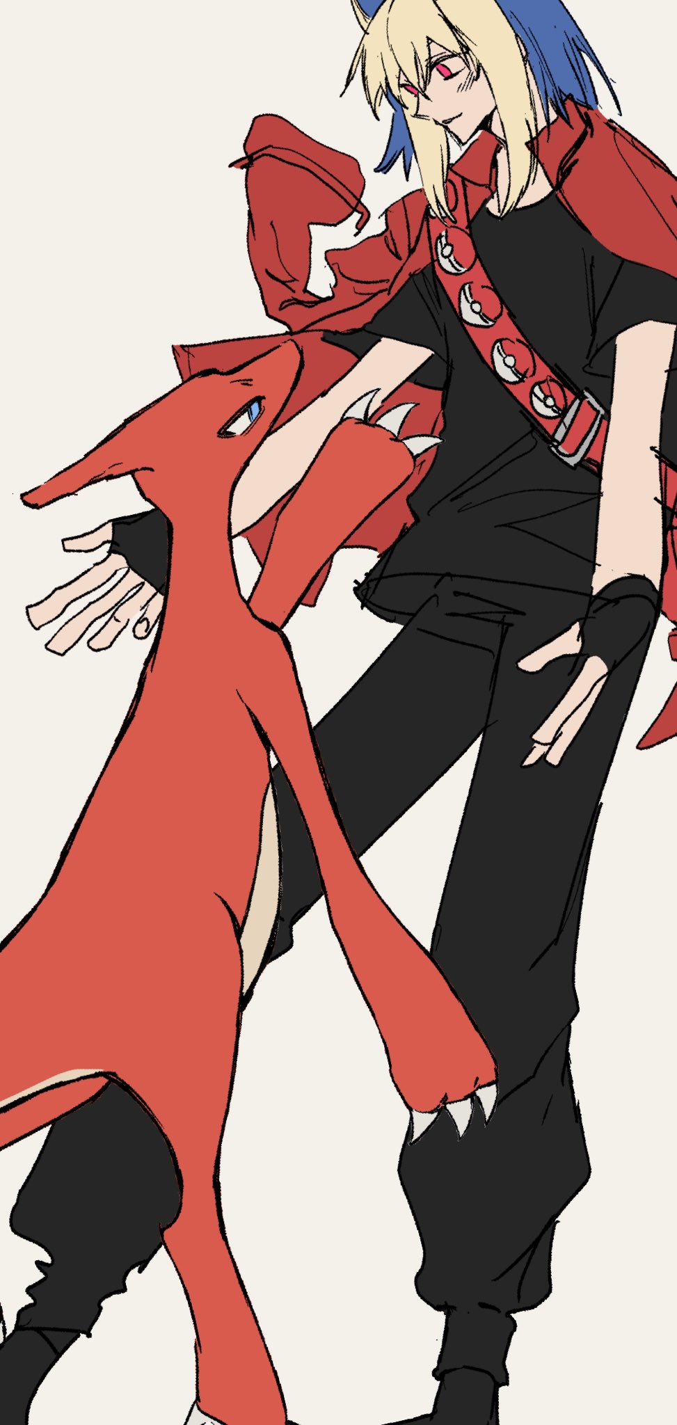 519luck, charmeleon, nintendo, pokemon, cropped, highres, 1boy, belt, black gloves, black pants, black shirt, black shoes, blonde hair, blue eyes, blue hair, claws, fingerless gloves, gen 1 pokemon, gloves, grey background, jacket, looking at another, pants, poke ball print, pokemon (creature), red belt, red eyes, red jacket, shirt, shoes, simple background, t-shirt