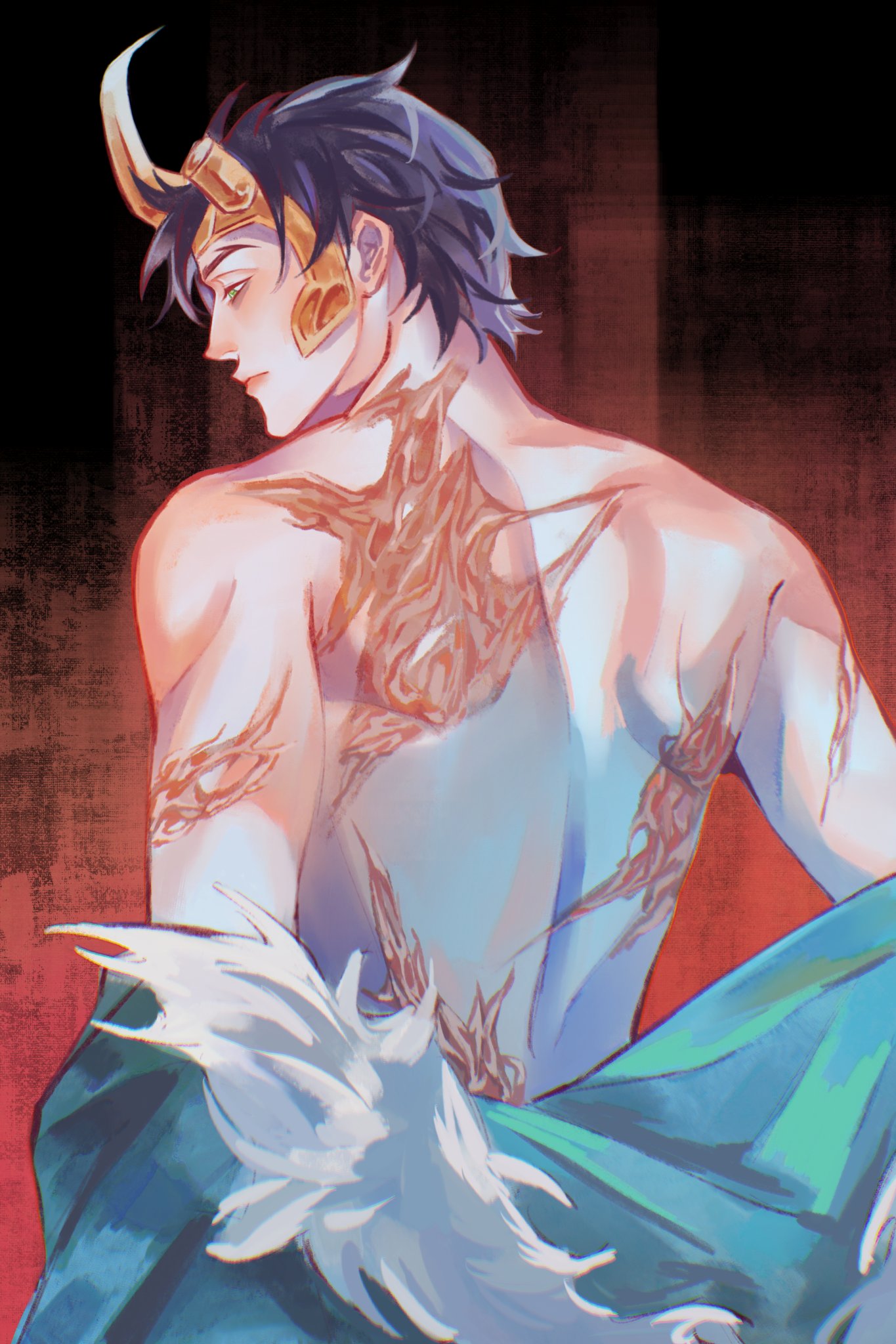 loki (marvel), marvel, thor (marvel) (series), commentary, english commentary, highres, 1boy, black background, black hair, broken horn, burn scar, coat, coat partially removed, fake horns, fur-trimmed coat, fur trim, green coat, green eyes, horned headwear, horns, male focus, profile, red background, scar, scar on arm, scar on back, short hair, solo, upper body, xuqin37179277