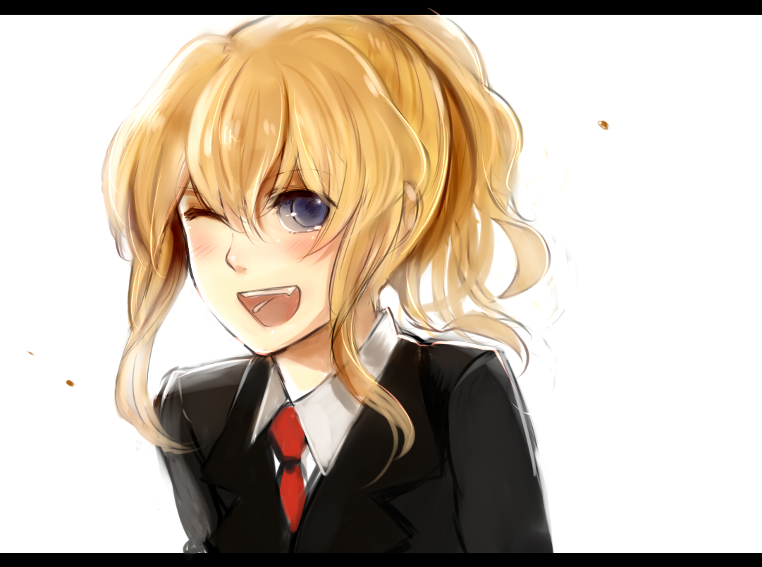 kantori (pixiv), ushiromiya jessica, umineko no naku koro ni, bad id, bad pixiv id, 00s, blonde hair, blue eyes, letterboxed, one eye closed, solo, wink