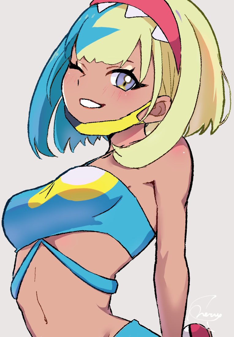 meru merume603, canari (pokemon), nintendo, pokemon, pokemon legends: z-a, mixed-language commentary, 1girl, alternate hairstyle, arched back, bandeau, blonde hair, blue bandeau, breasts, eyelashes, grey background, grey eyes, grin, hairband, mask, mask pull, mouth mask, multicolored hair, navel, pink hairband, poke ball, poke ball (basic), signature, simple background, smile, solo, teeth, two-tone hair, upper body