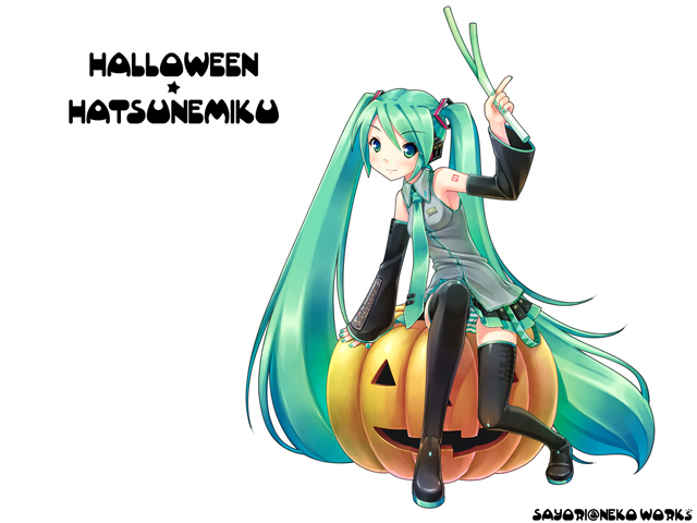 sayori (neko works), hatsune miku, vocaloid, 1girl, aqua eyes, aqua hair, aqua nails, character name, detached sleeves, female focus, halloween, headset, jack-o'-lantern, long hair, matching hair/eyes, nail polish, necktie, panties, pantyshot, pumpkin, simple background, skirt, solo, spring onion, striped clothes, striped panties, thighhighs, twintails, underwear, upskirt, very long hair, white background