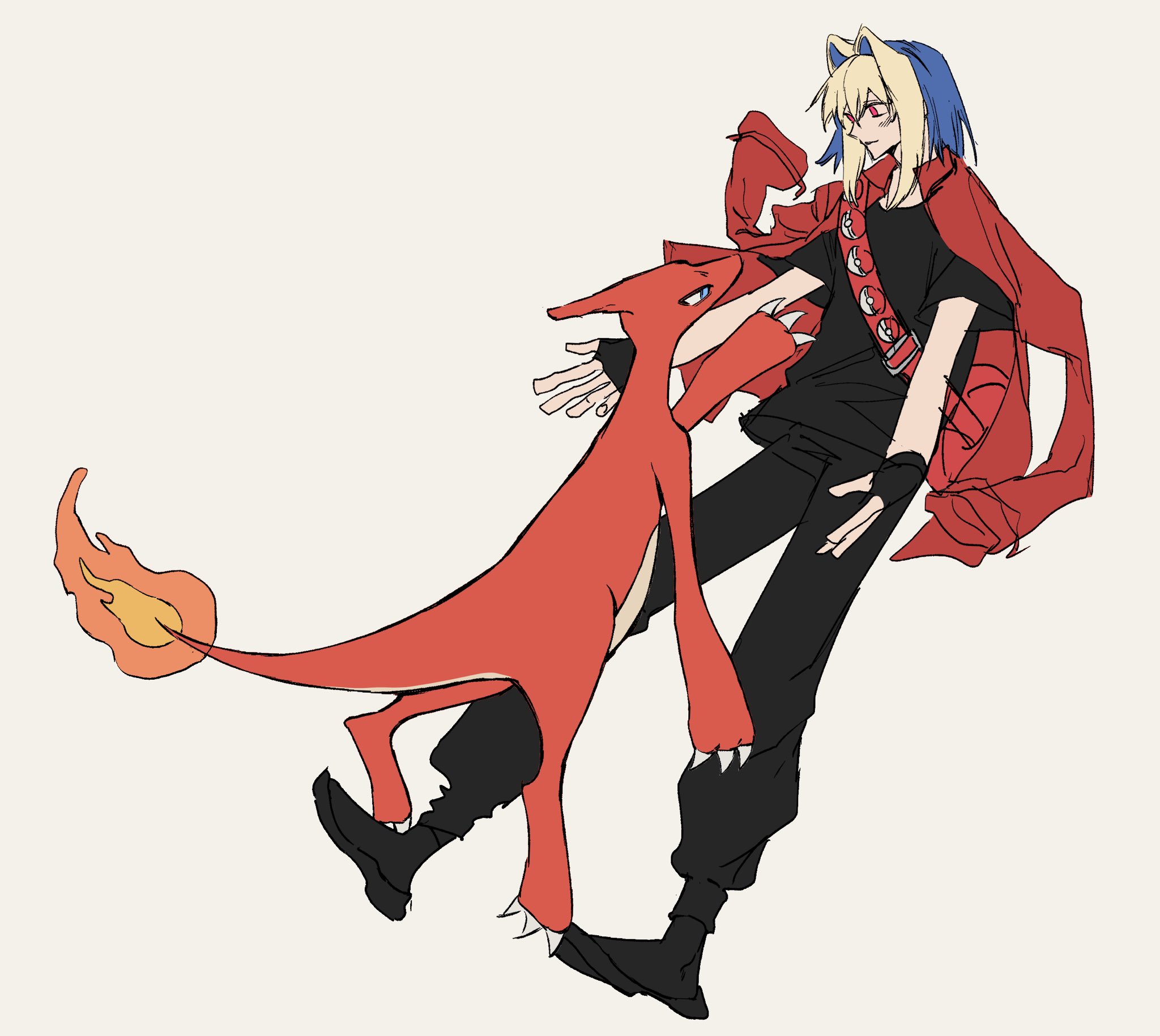519luck, charmeleon, nintendo, pokemon, cropped, highres, 1boy, belt, black gloves, black pants, black shirt, black shoes, blonde hair, blue eyes, blue hair, claws, fingerless gloves, fire, flame-tipped tail, full body, gen 1 pokemon, gloves, grey background, jacket, looking at another, pants, poke ball print, pokemon (creature), red bag, red belt, red eyes, red jacket, shirt, shoes, simple background, t-shirt, tail