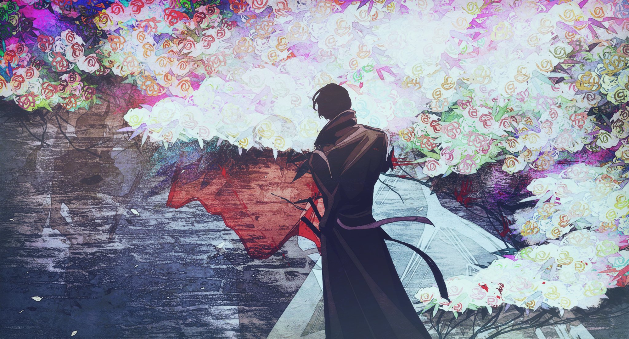 kim dokja, yoo joonghyuk, omniscient reader's viewpoint, highres, 1boy, black coat, black hair, bush, censored, censored identity, chain, cloud, coat, colored skin, demon horns, from behind, head tilt, horaceswarcsal, horns, male focus, mural, painterly, popped collar, red skin, short hair, standing, swirl, white coat