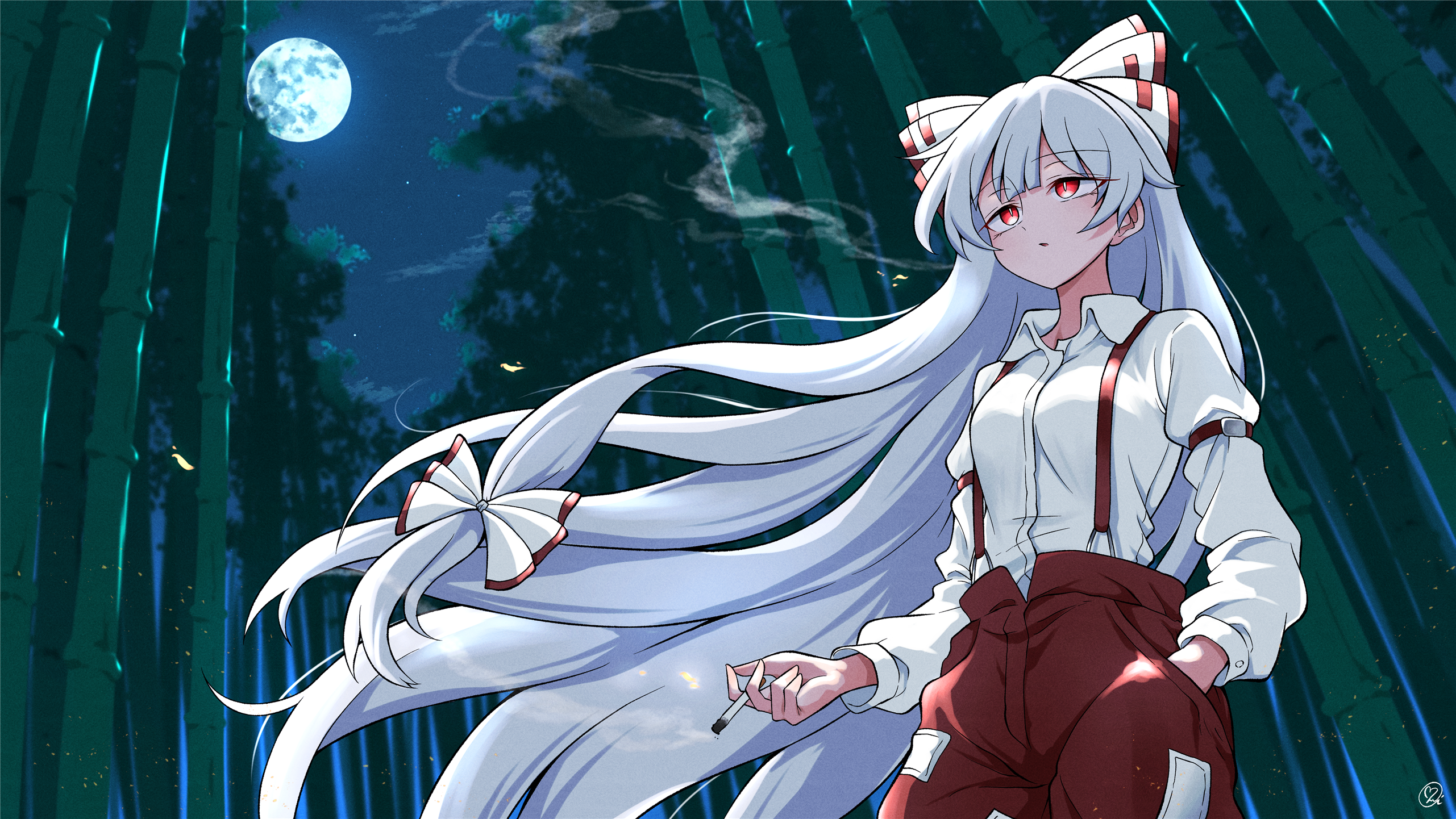 scavia10, fujiwara no mokou, touhou, highres, 1girl, arm belt, bamboo, bamboo forest, bow, breasts, cigarette, collared shirt, forest, full moon, hair bow, hand in pocket, holding, holding cigarette, long hair, long sleeves, moon, multiple hair bows, nature, night, night sky, outdoors, pants, parted lips, red bow, red eyes, red pants, red suspenders, red trim, shirt, sky, small breasts, smoke, smoke trail, smoking, star (sky), suspenders, two-tone bow, very long hair, white bow, white hair, white shirt