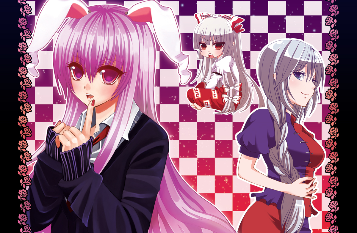 nonoko, yuuka nonoko, fujiwara no mokou, reisen udongein inaba, yagokoro eirin, touhou, bad id, bad pixiv id, 3girls, braid, female focus, finger to mouth, flower, long hair, long sleeves, multiple girls, nail polish, no headwear, red nails, rose, sleeves past wrists, smile