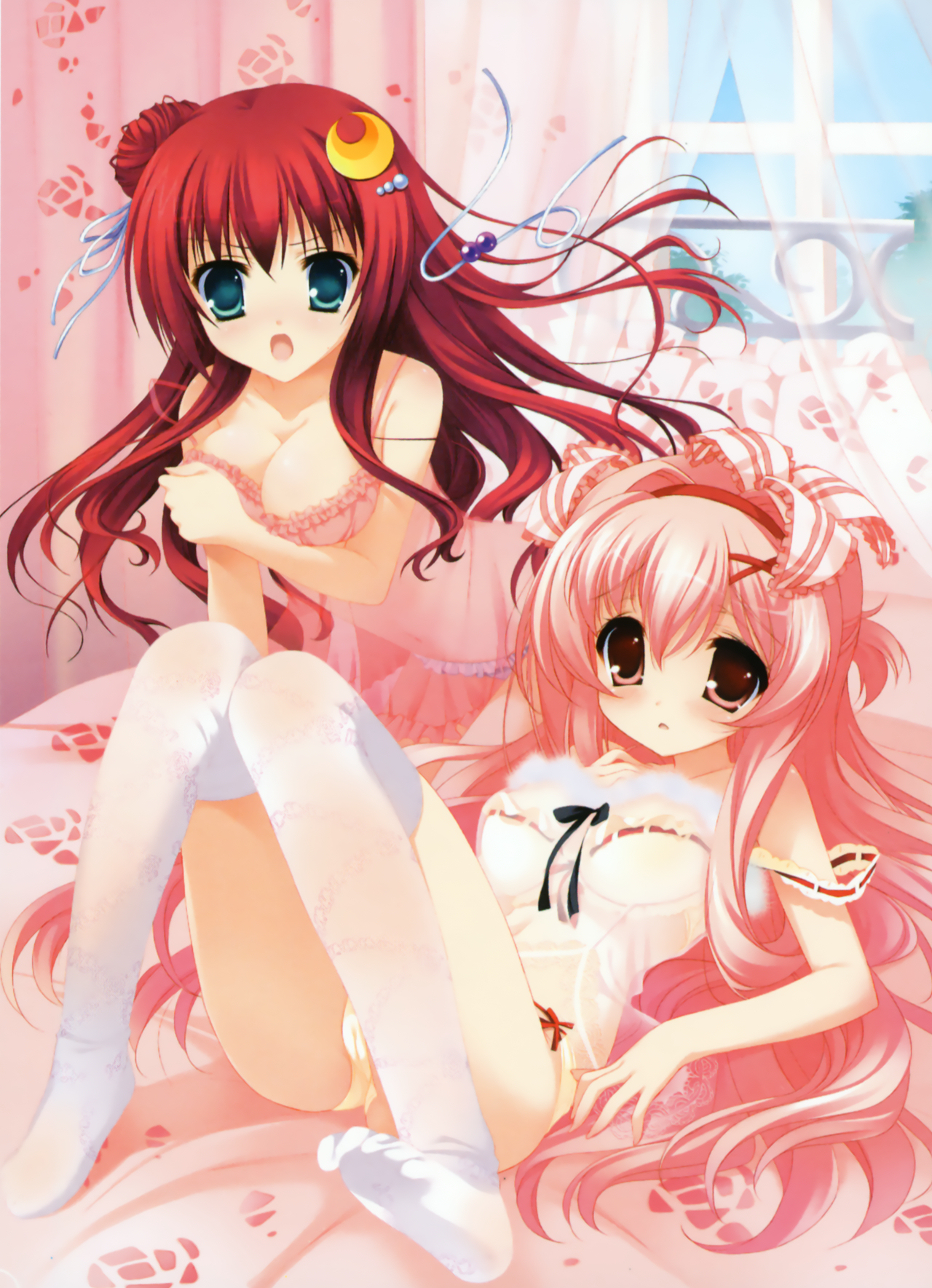 narumi yuu (bunbukudou), youta, azuma shione, kouno mio, 11eyes, toe-point, highres, 00s, 2girls, bed, blue eyes, crescent, crescent hair ornament, hair ornament, legs, lingerie, long hair, multiple girls, open mouth, pink eyes, pink hair, red hair, underwear