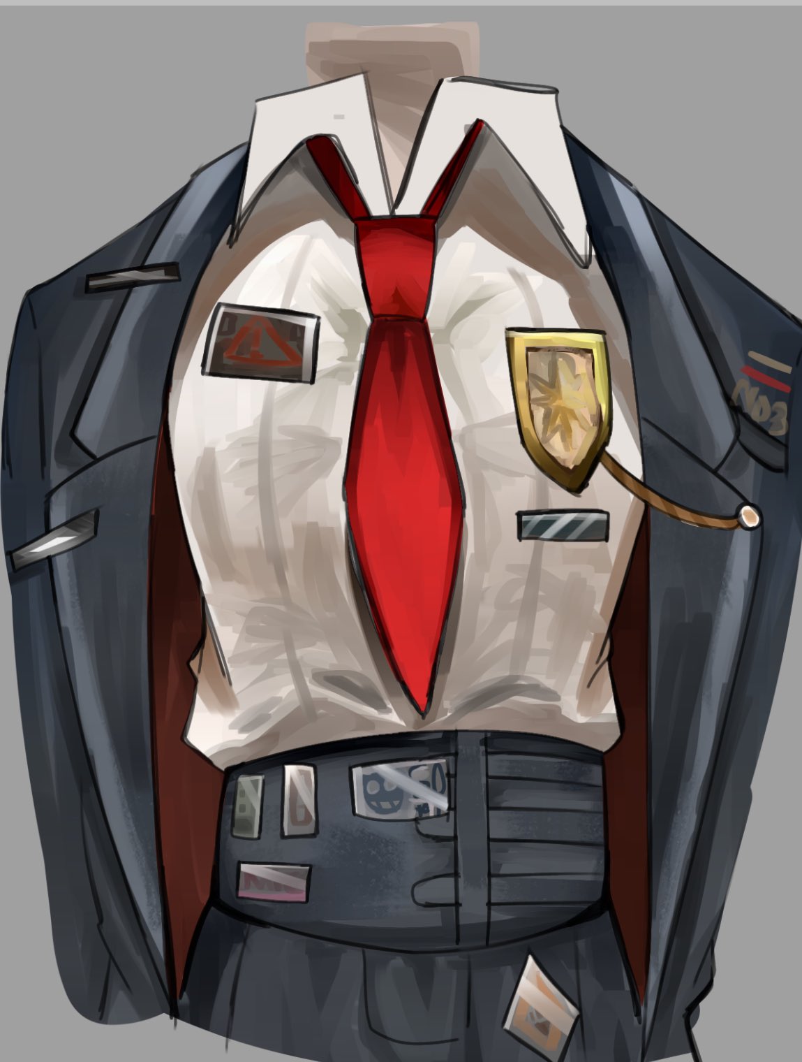 don quixote (project moon), limbus company, project moon, commentary, english commentary, highres, 1girl, aiguillette, black coat, black pants, coat, collared shirt, cowboy shot, empurpiee, grey background, lcb uniform (project moon), long sleeves, medal, multicolored coat, necktie, no humans, pants, red coat, red necktie, shirt, sticker, sticker on clothes, two-tone coat, white shirt