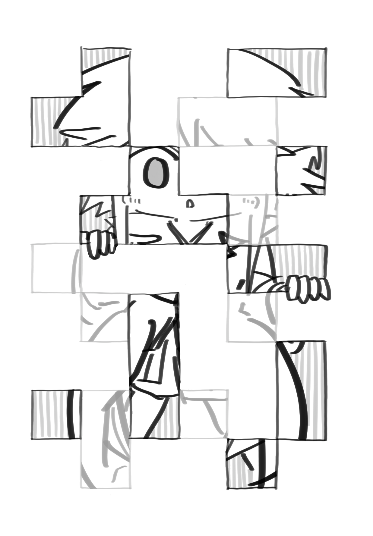 aodo mikan, houlen yabusame, len'en, commentary request, highres, 1other, :o, androgynous, bare legs, coattails, collared coat, cowboy shot, curious, greyscale, japanese clothes, kimono, lapels, layered sleeves, legs apart, light blush, long sleeves, looking at viewer, messy hair, monochrome, notched lapels, one eye covered, open mouth, other focus, puffy short sleeves, puffy sleeves, revealing layer, short hair with long locks, short kimono, short over long sleeves, short sleeves, shorts, sidelocks, solo, standing, straight-on, white background