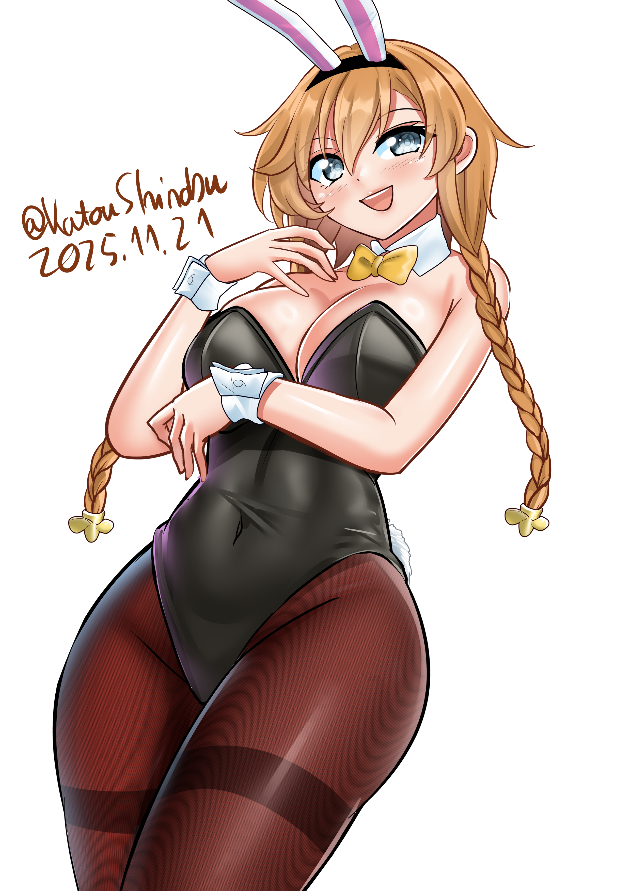 katou shinobu, teruzuki (kancolle), kantai collection, absurdres, highres, 1girl, animal ear hairband, animal ears, bare shoulders, black headband, black leotard, blush, bow, bowtie, braid, breasts, brown hair, cleavage, covered navel, cowboy shot, dated, detached collar, fake animal ears, grey eyes, hair ornament, hairband, headband, large breasts, leotard, long hair, looking at viewer, one-hour drawing challenge, open mouth, pantyhose, playboy bunny, propeller hair ornament, rabbit ear hairband, rabbit ears, simple background, smile, solo, strapless, strapless leotard, twin braids, twitter username, white background, white wrist cuffs, wrist cuffs, yellow bow, yellow bowtie