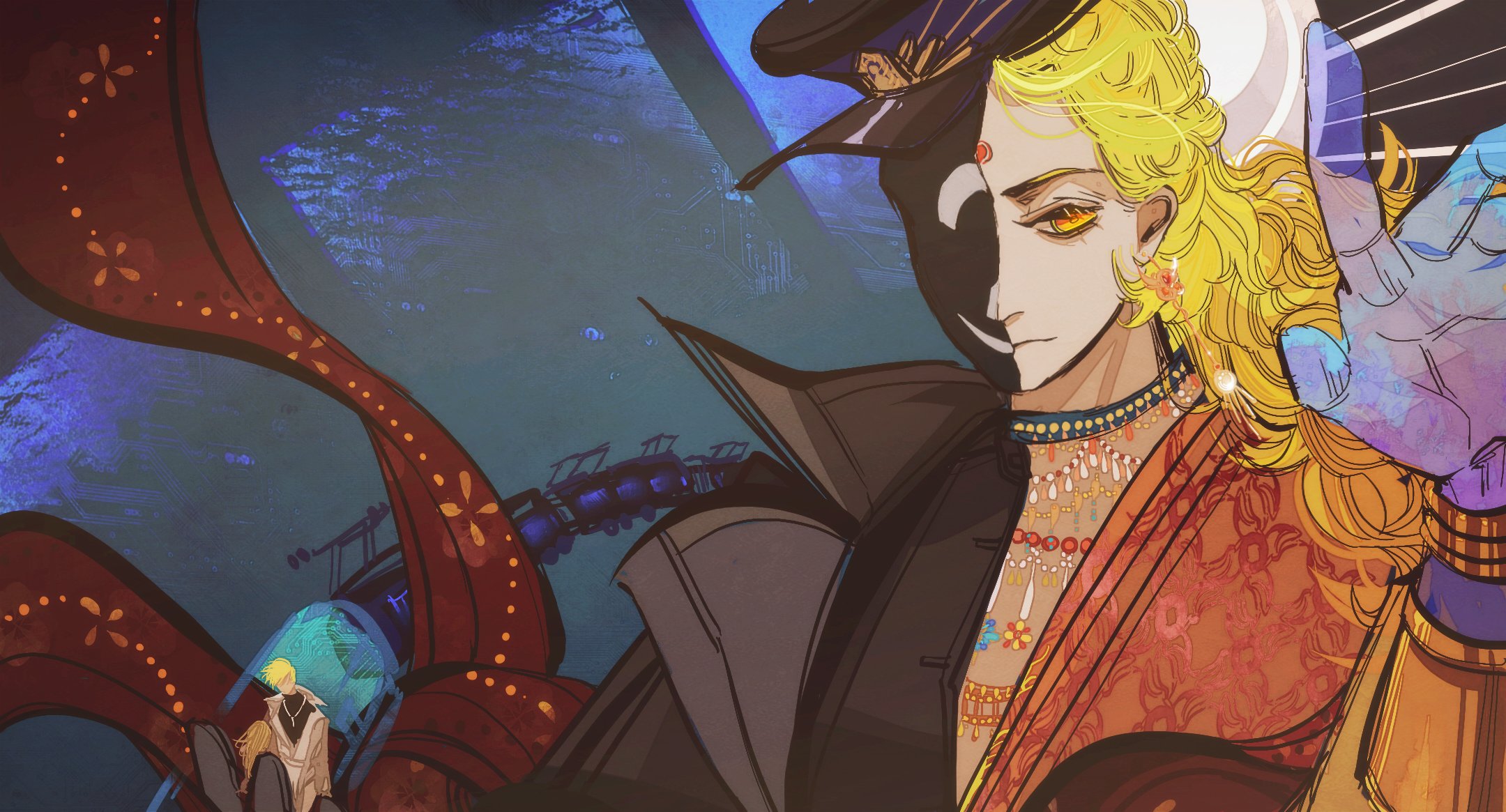 omniscient reader's viewpoint, highres, 2boys, aegyo sal, bangle, bracelet, braid, colored extremities, colored skin, dual persona, earrings, facial mark, forehead mark, gold necklace, hand up, horaceswarcsal, in palm, jewelry, lee hakhyun, male focus, mini person, miniboy, motion lines, multiple boys, necklace, partially shaded face, popped collar, purple skin, red scarf, robe, scarf, smirk, surya (omniscient reader's viewpoint), train, yellow eyes