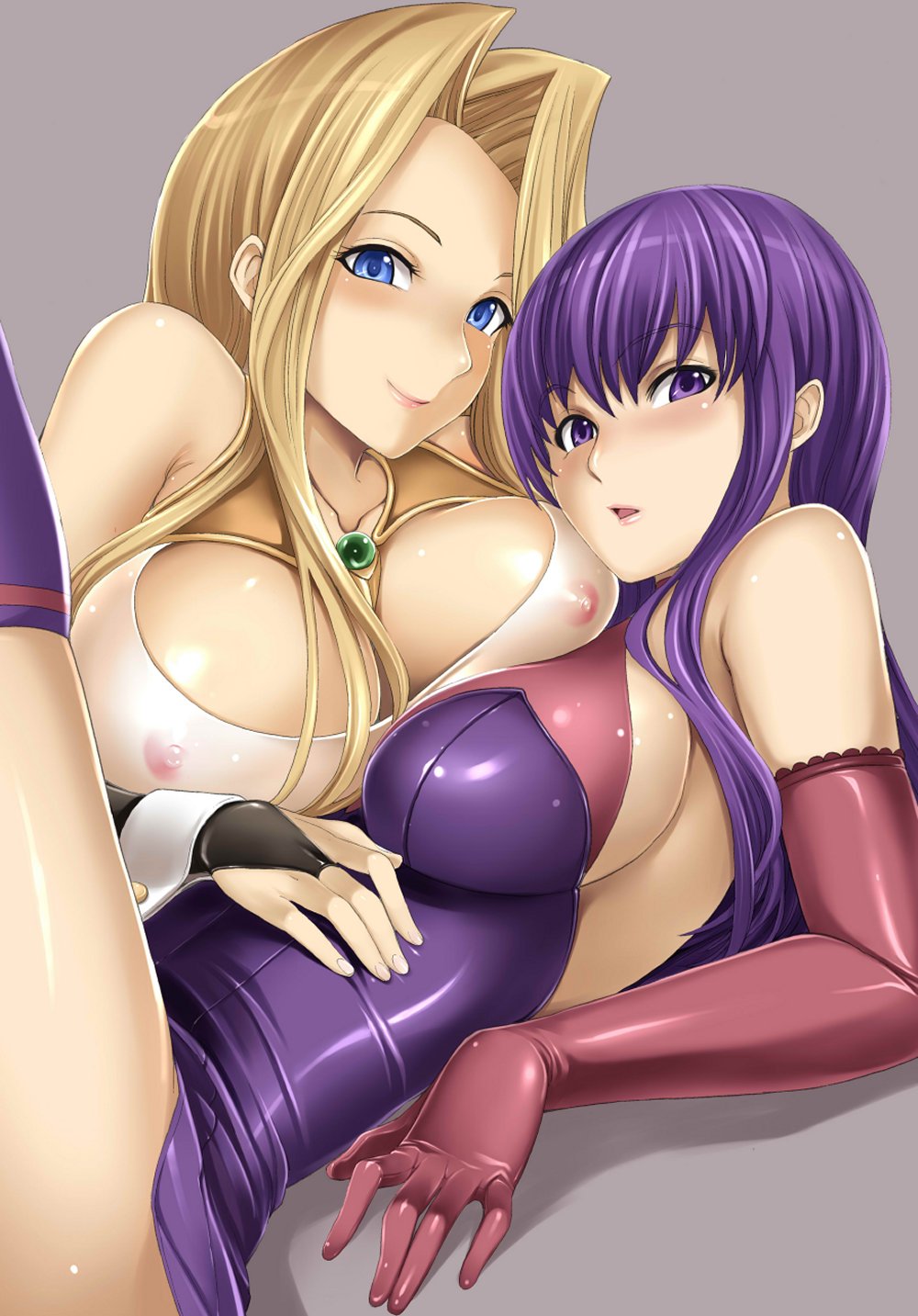 hakaba (dairiseki), malariya, miranda (quiz magic academy), quiz magic academy, highres, 2girls, bare shoulders, blonde hair, breast press, breasts, bridal gauntlets, elbow gloves, gloves, large breasts, latex, latex gloves, lips, long hair, multiple girls, nipples, purple eyes, purple hair, see-through clothes, sideboob, smile, thighhighs, yuri
