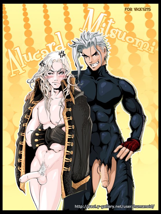 alucard (castlevania), takayanagi mitsuomi, tenjou tenge, 2boys, angry, bara, blush, coat, crotchless, dhampir, earrings, fingerless gloves, flaccid, foreskin, gloves, half-human, jewelry, male focus, multiple boys, muscular, nude, penis, pubic hair, skin tight, undead, vampire, yaoi