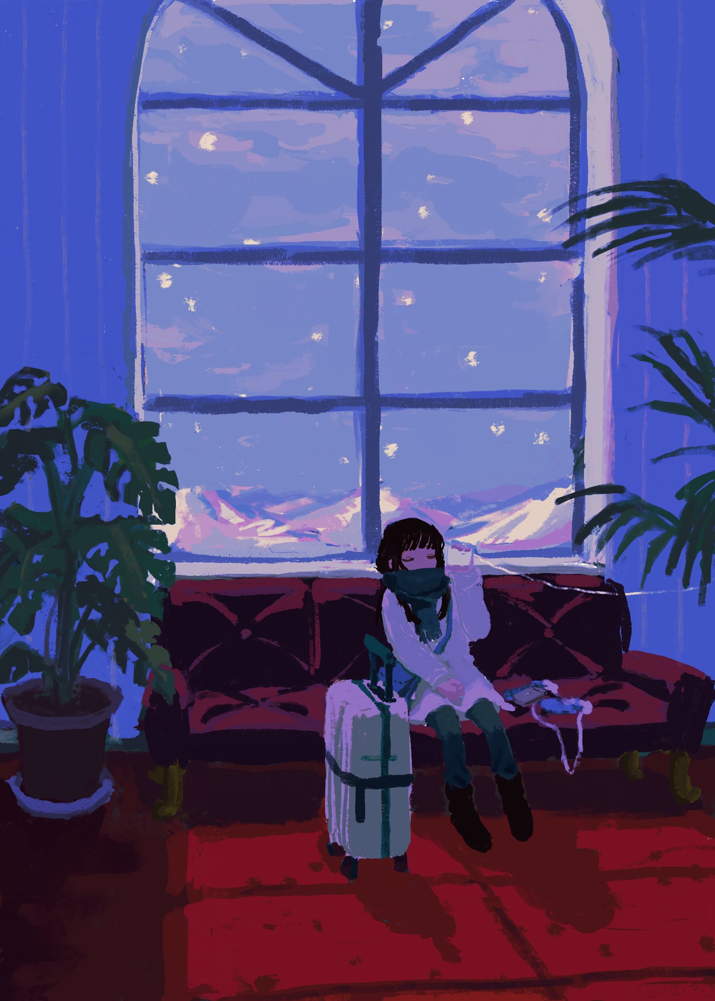 oimoti tn, original, highres, 1girl, black hair, carpet, closed eyes, coat, couch, green pants, green scarf, hand on lap, indoors, jacket, mountain, pants, plant, potted plant, red carpet, rolling suitcase, scarf, shadow, sitting, snowing, solo, string phone, suitcase, white coat, wide shot, window, window shadow