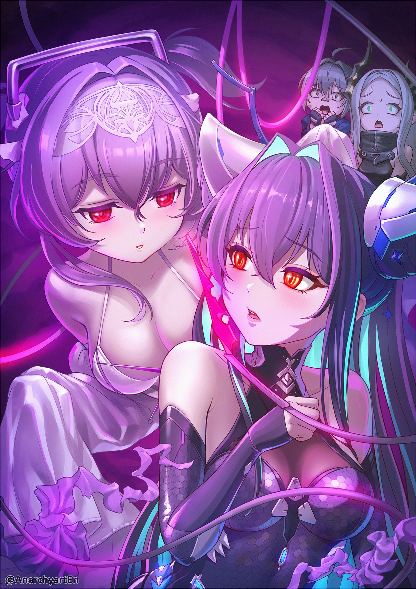 anarchyart, leviathan (nikke), liberalio (nikke), little mermaid (nikke), mori (nikke), goddess of victory: nikke, highres, 4girls, ahoge, aqua hair, bandaid, bandaid on face, bandaid on nose, bare shoulders, black bodysuit, black hair, black horns, black liquid, bodysuit, breasts, cleavage, colored inner hair, detached sleeves, folded hair, forehead, frills, green eyes, grey hair, hair between eyes, hair intakes, hairband, halterneck, heretics (nikke), honeycomb (pattern), honeycomb print, horns, jellyfish girl, leotard, liquid clothes, long hair, looking at another, medium breasts, multicolored hair, multiple girls, open mouth, pointy ears, purple hair, red eyes, scared, see-through bodysuit, see-through cleavage, see-through clothes, short hair, short hair with long locks, sleeves past fingers, sleeves past wrists, small breasts, twintails, very long hair, white leotard, yellow eyes