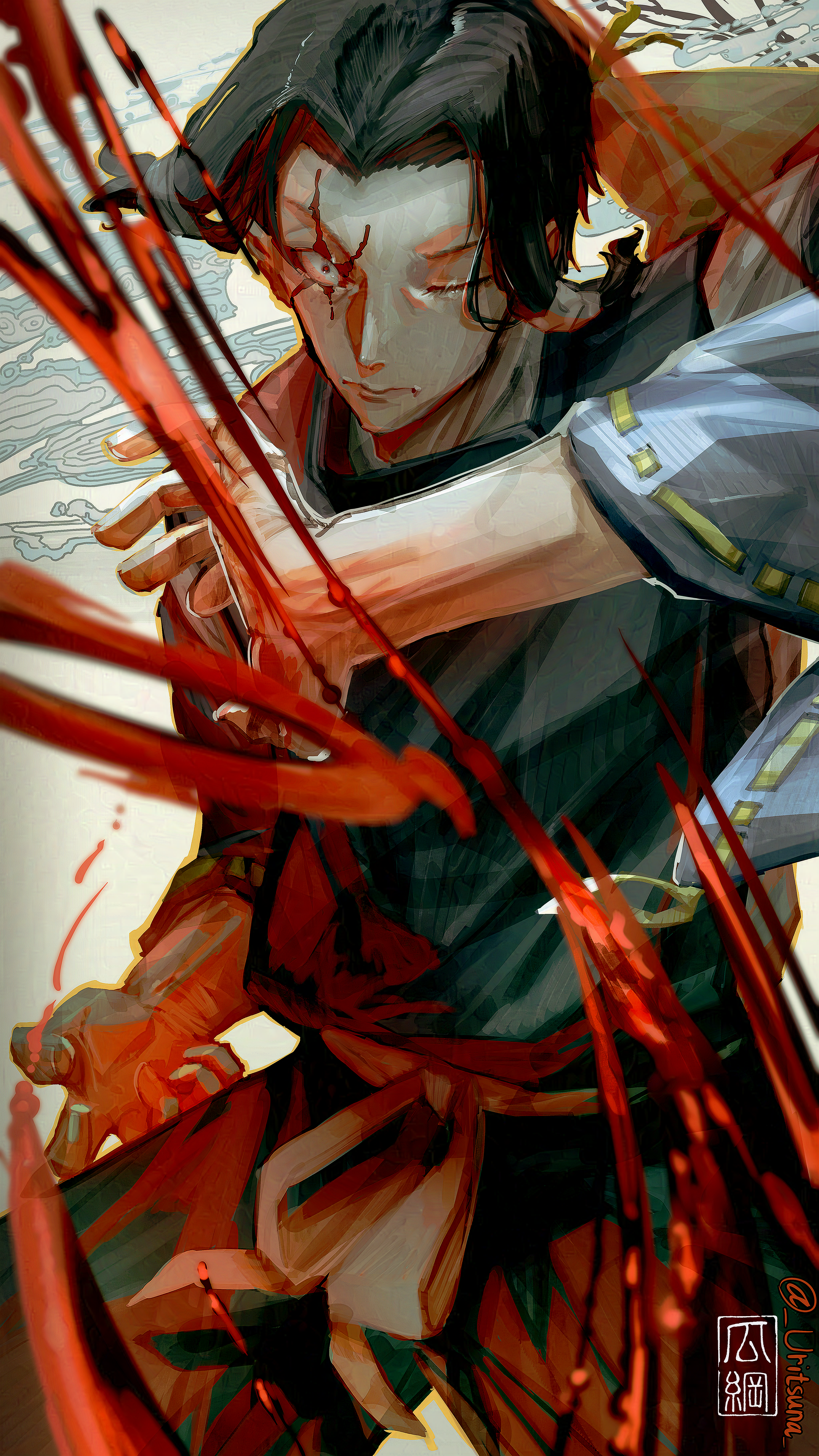 uritsuna, kamo noritoshi, jujutsu kaisen, absurdres, highres, 1boy, black hair, blood, bloody tears, full body, gakuran, hemokinesis, jacket, male focus, medium hair, one eye closed, red eyes, school uniform, short hair, solo, wide sleeves