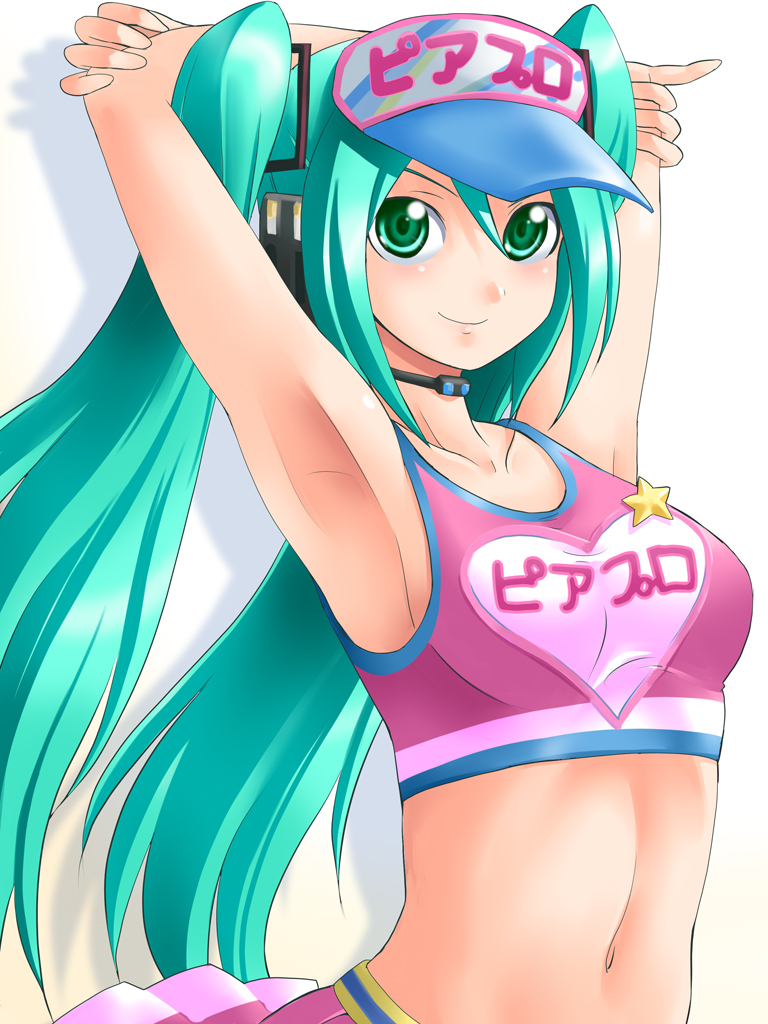 yaso shigeru, hatsune miku, hatsune miku (cheer), project diva, project diva (series), vocaloid, visor, 1girl, aqua hair, armpits, arms up, cheerleader, female focus, green eyes, headset, long hair, midriff, navel, skirt, smile, solo, tank top, twintails, visor cap