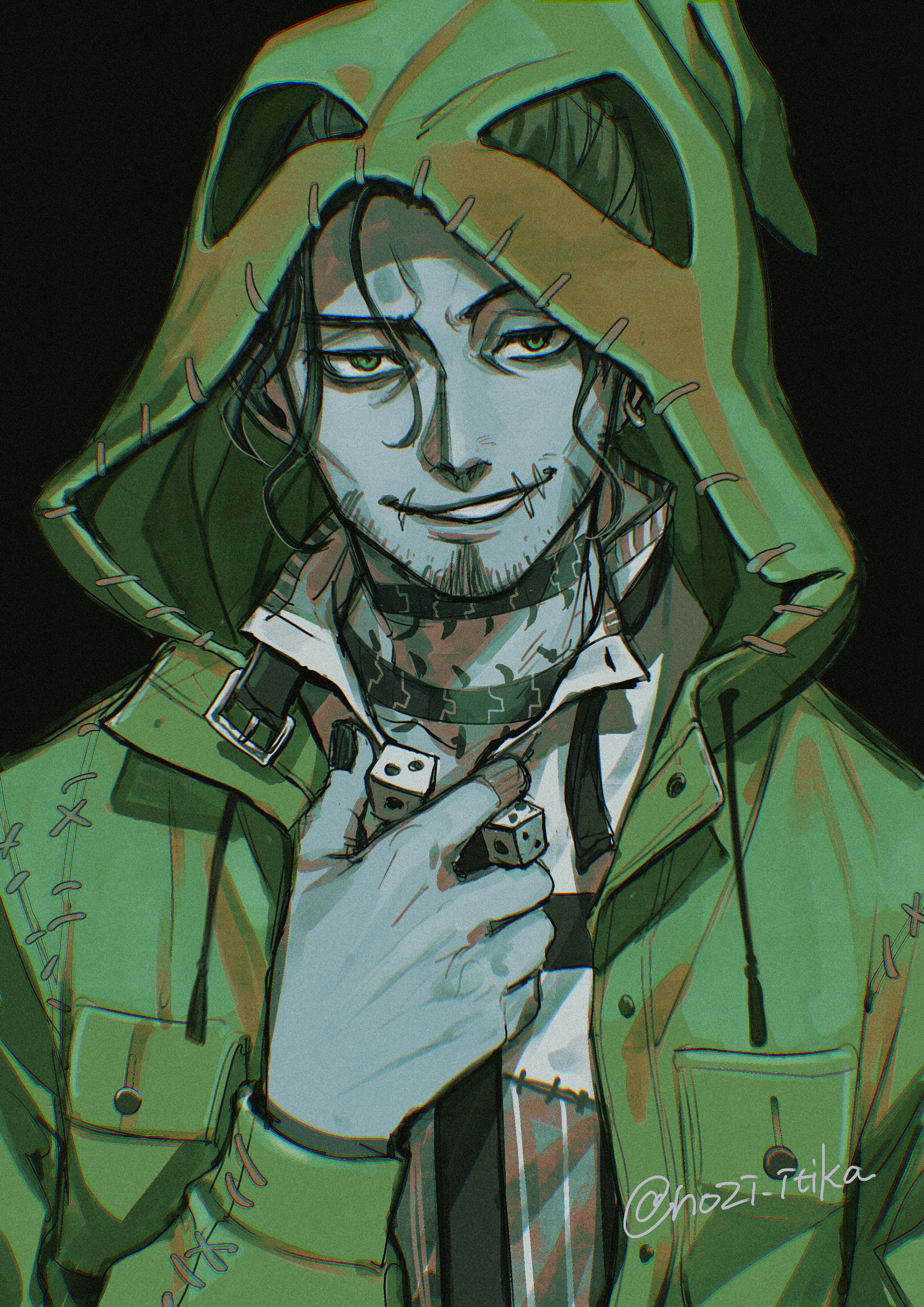 2f sq, oogie boogie, the nightmare before christmas, twisted wonderland, absurdres, commentary request, highres, 1boy, bags under eyes, beard stubble, belt collar, black background, black nails, breast pocket, centipede tattoo, cheekbones, cocked eyebrow, collar, collarbone, colored skin, cosplay, dice, drawstring, earrings, facial hair, film grain, green eyes, green hair, green jacket, grey skin, grin, hand up, holding, holding dice, hood, hood up, hoop earrings, jacket, jewelry, jitome, long sleeves, looking at viewer, loose hair strand, male focus, mature eyes, mature male, neck tattoo, oogie boogie (cosplay), partially unbuttoned, patchwork clothes, pocket, popped collar, scar, scar on face, scar on mouth, shirt, single earring, smile, smirk, solo, straight-on, stubble, swing (twisted wonderland), tattoo, twitter username, upper body, wavy hair, white shirt