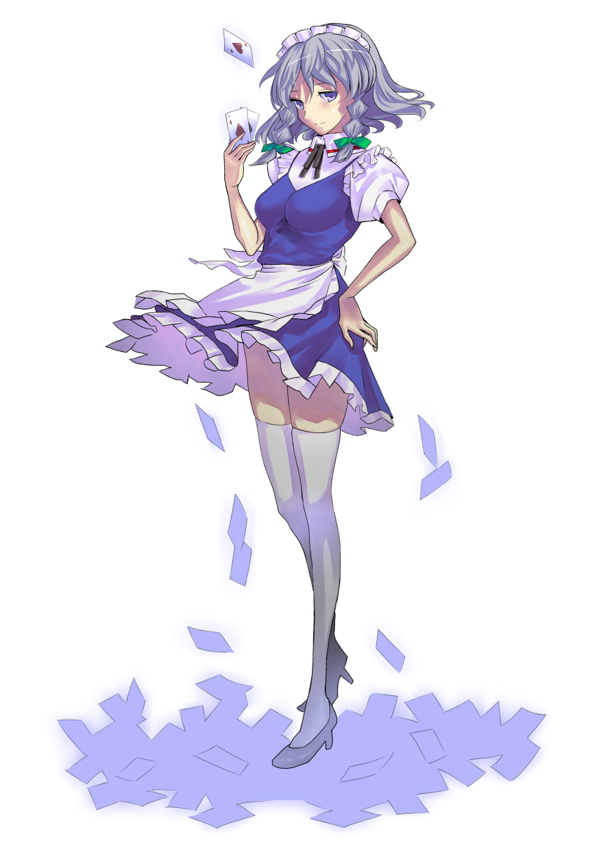 yaten, izayoi sakuya, touhou, highres, 1girl, blue eyes, braid, card, female focus, floating card, full body, grey hair, hair ribbon, holding, holding card, maid headdress, playing card, ribbon, solo, thighhighs, too many cards, twin braids, white thighhighs, zettai ryouiki