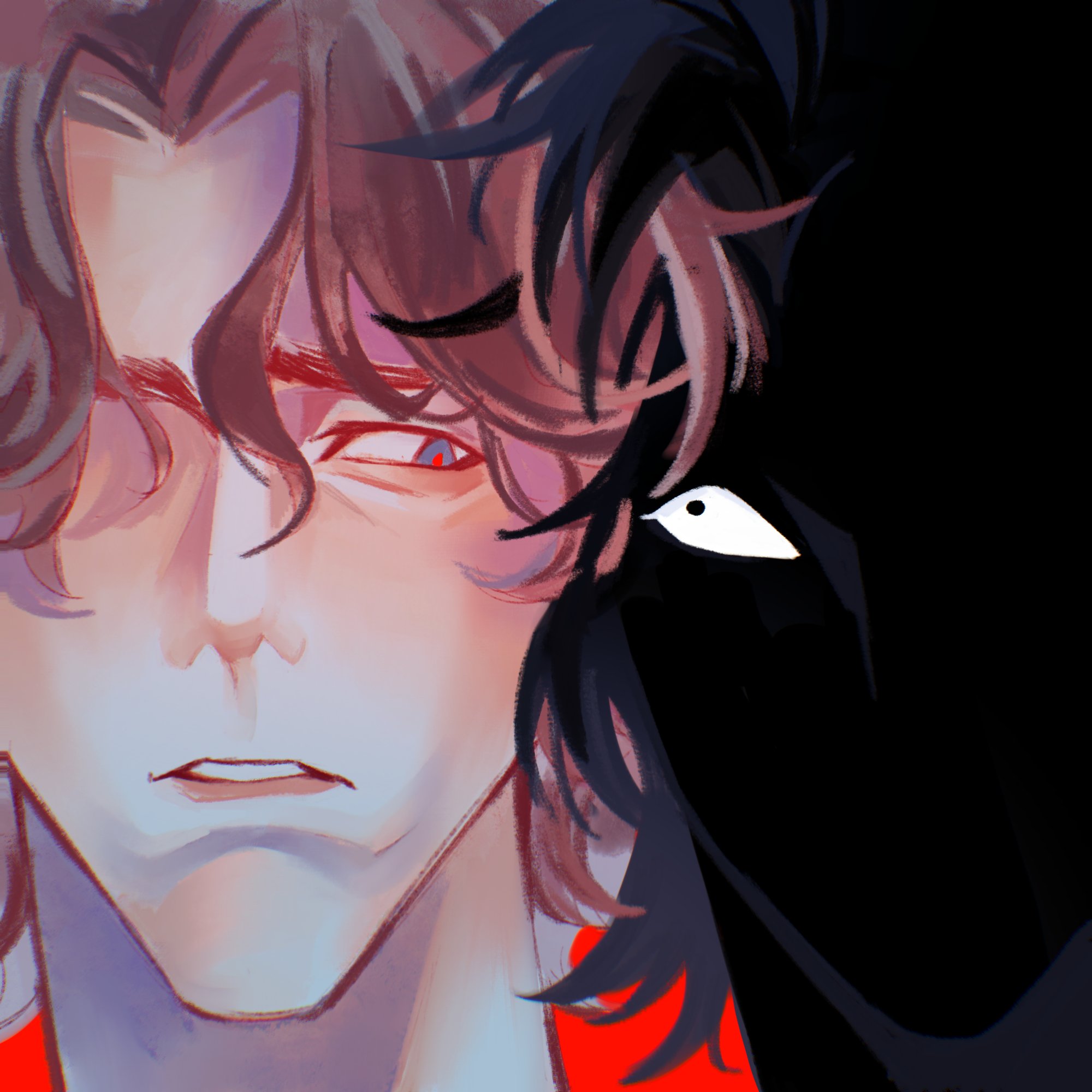 sentry (marvel), marvel, thunderbolts (movie), hashtag-only commentary, highres, 1boy, animification, blue eyes, brown hair, dark persona, dual persona, eyed silhouette, hair over one eye, looking at another, male focus, parted hair, parted lips, portrait, red background, red pupils, short hair, silhouette, solo, xuqin37179277