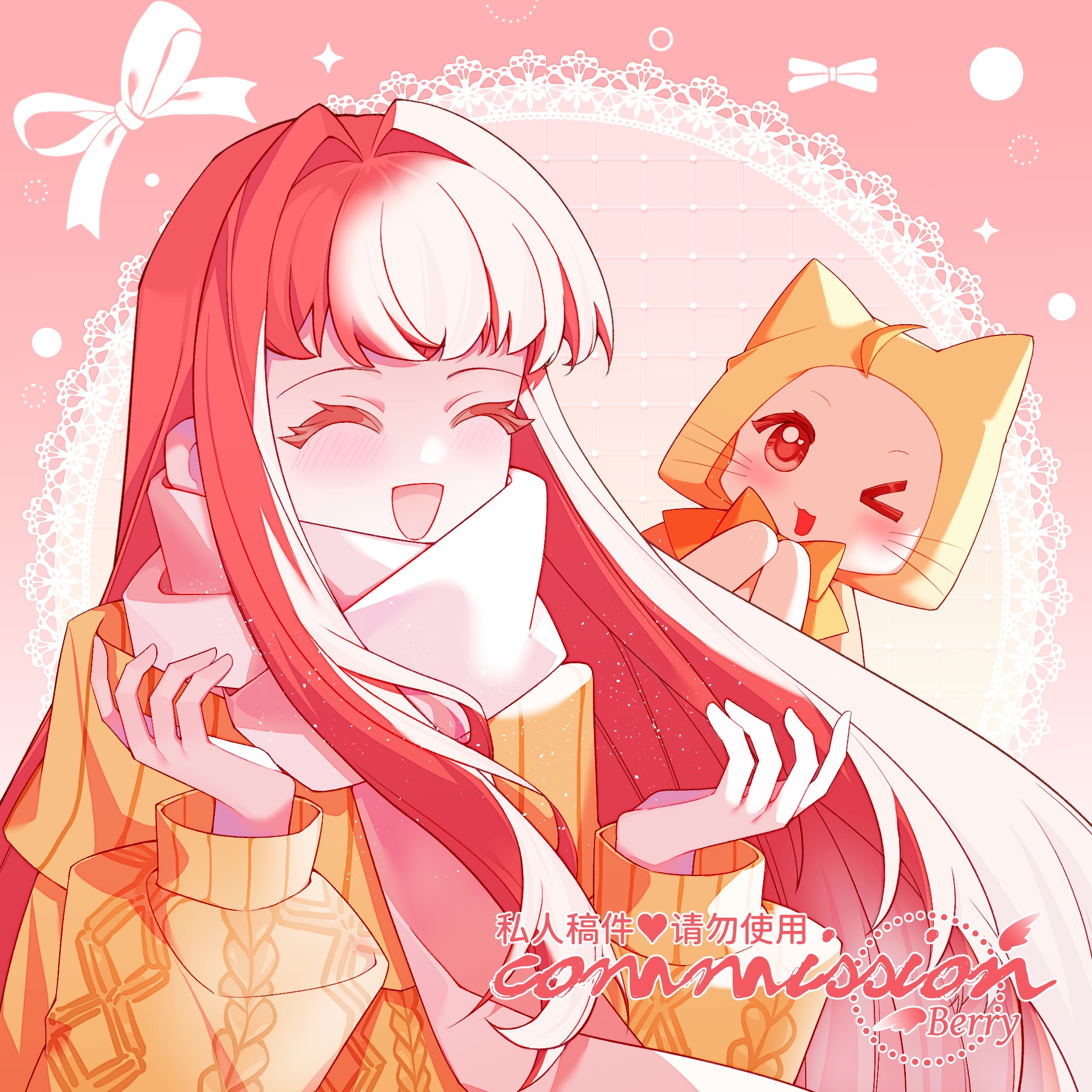momo (nikki), nikki (nikki), miracle nikki, nikki (series), chinese commentary, commentary request, commission, highres, > o, 1girl, ^ ^, ahoge, animal, berry (xinjinjumin868478986919), border, bow, bowtie, brown eyes, cat, cloak, closed eyes, clothed animal, ear covers, eyelashes, hair intakes, happy, hood, hood up, hooded cloak, lace, light blush, light particles, long hair, long sleeves, looking at viewer, one eye closed, open mouth, orange bow, orange bowtie, outside border, own hands together, pink background, pink border, pink hair, puffy long sleeves, puffy sleeves, round border, sample watermark, scarf, smile, sparkle, sweater, tareme, upper body, very long hair, watermark, whiskers, white cat, white scarf, winter clothes, winter miracle (miracle nikki), yellow cloak, yellow sweater
