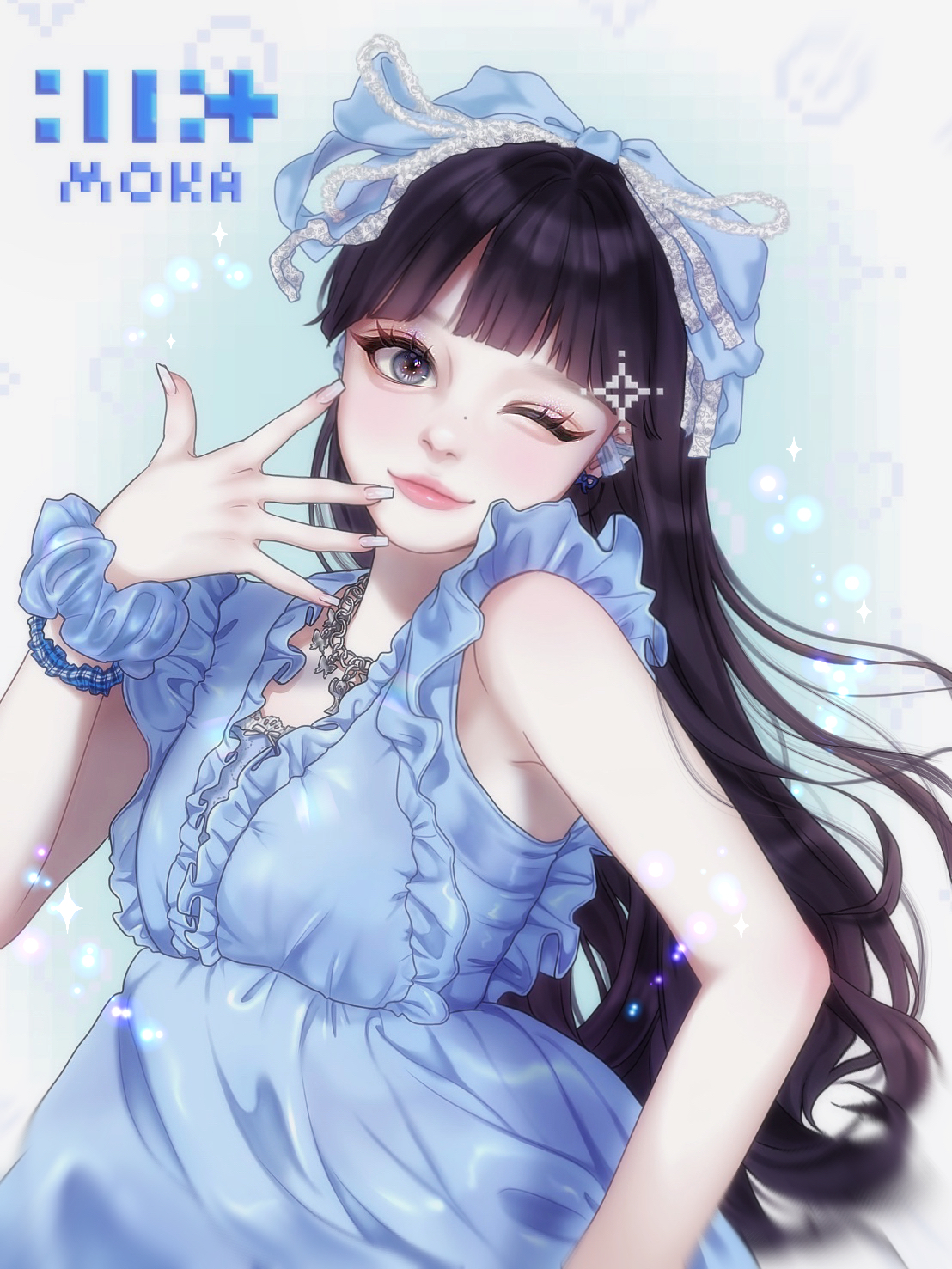 4am1, real life, commentary request, highres, photo-referenced, 1girl, aegyo sal, black eyes, black hair, blue dress, blunt bangs, bow, bow earrings, bracelet, butterfly necklace, chain, chain necklace, character name, dress, earrings, fingernails, frilled dress, frills, group name, hand up, head bow, illit, jewelry, long fingernails, long hair, moka (illit), mole, mole on nose, necklace, one eye closed, scrunchie, sleeveless, sleeveless dress, solo, sparkle, upper body, wrist scrunchie